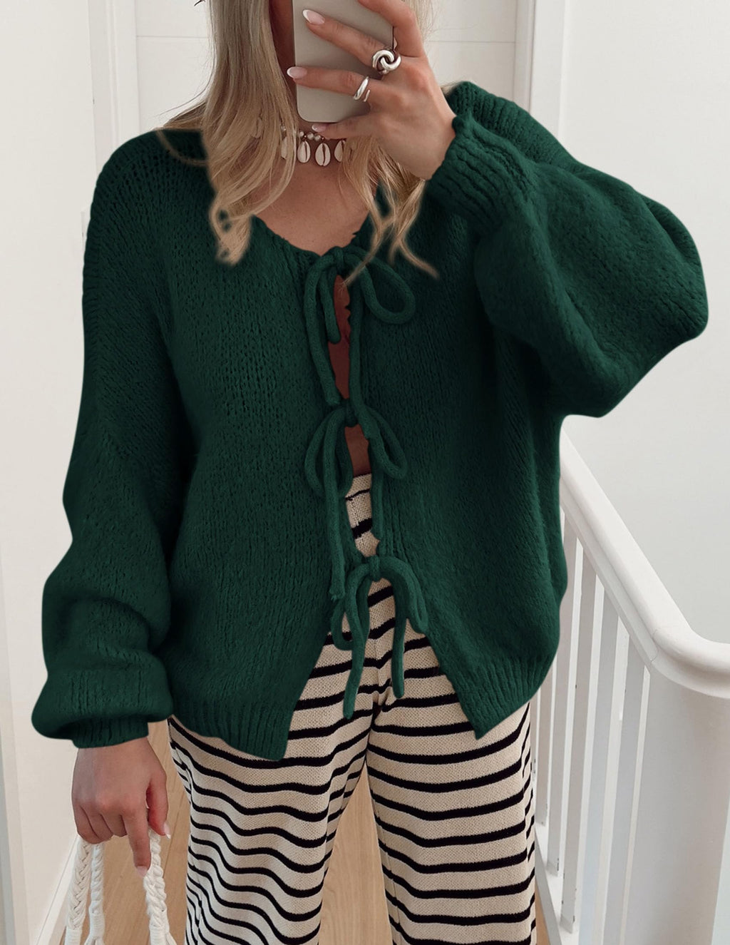 PRETTYGARDEN Women's Tie Front Bow Cardigan Sweaters Chunky Knit Long Puff Sleeve Trendy Fall Winter Jacket Coat