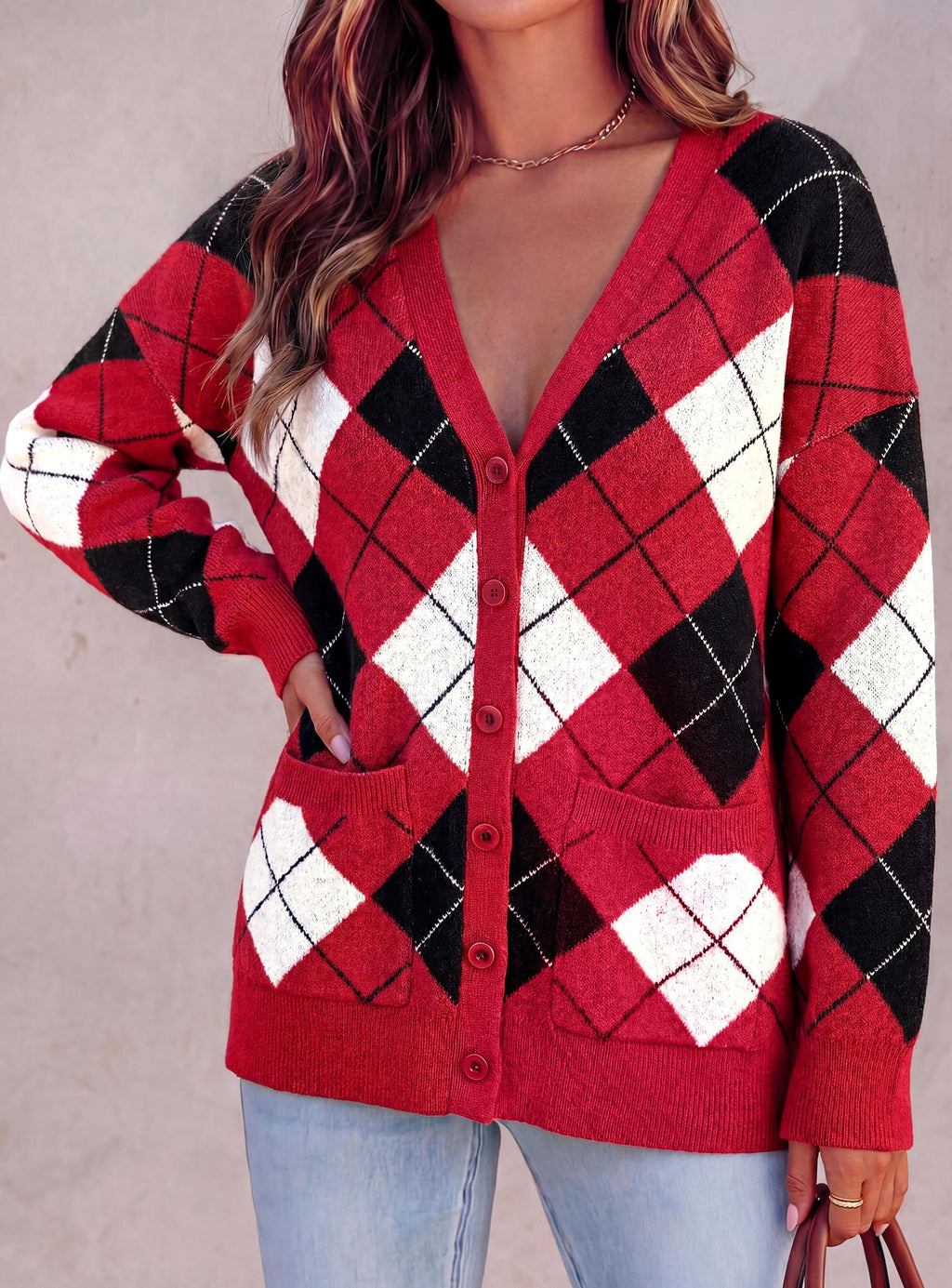 PRETTYGARDEN Women's Cardigan Argyle Winter Sweaters Cozy Warm Chunky Knit, Long Sleeve V Neck, Color Block Plaid, Button Up Pocket,Trendy Fall Jackets, Holiday Going Out Outfits