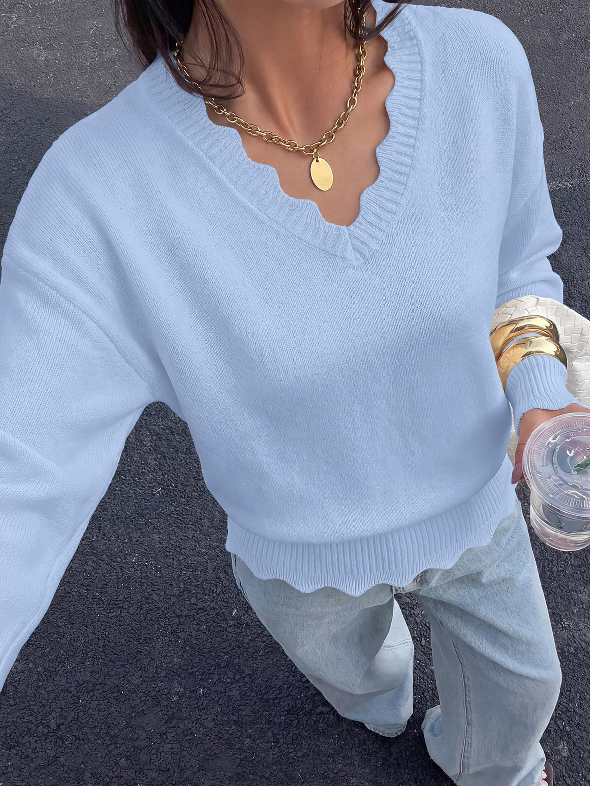 BTFBM Fall Long Sleeve Sweaters for Women | V Neck,Drop Shoulders,Scallop Edges,Lightweight Knit Sweaters Top,Daily Wear,Holiday,Christmas,Winter Clothing