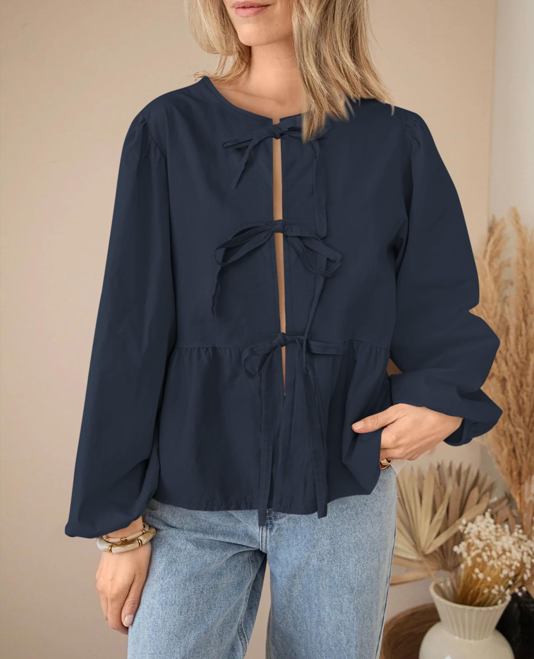 PRETTYGARDEN Women's Spring Fall Babydoll Peplum Blouse Shirt Puff Long Sleeve Bow Tie Front Trendy Cute Y2K Going Out Tops