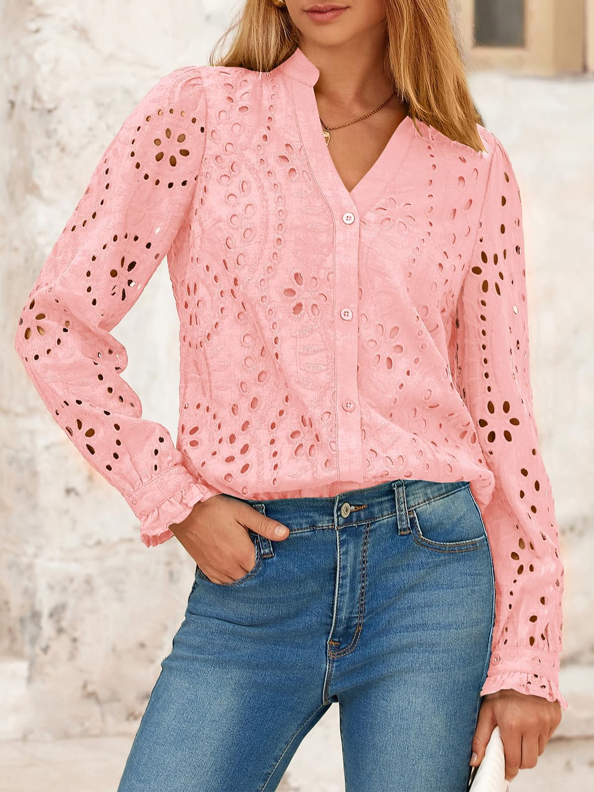 FreshPretty Women's Long Sleeve Shirts Button Down Dressy Casual Blouses V Neck Embroidery Hollow Out Tops Fall Winter Clothes