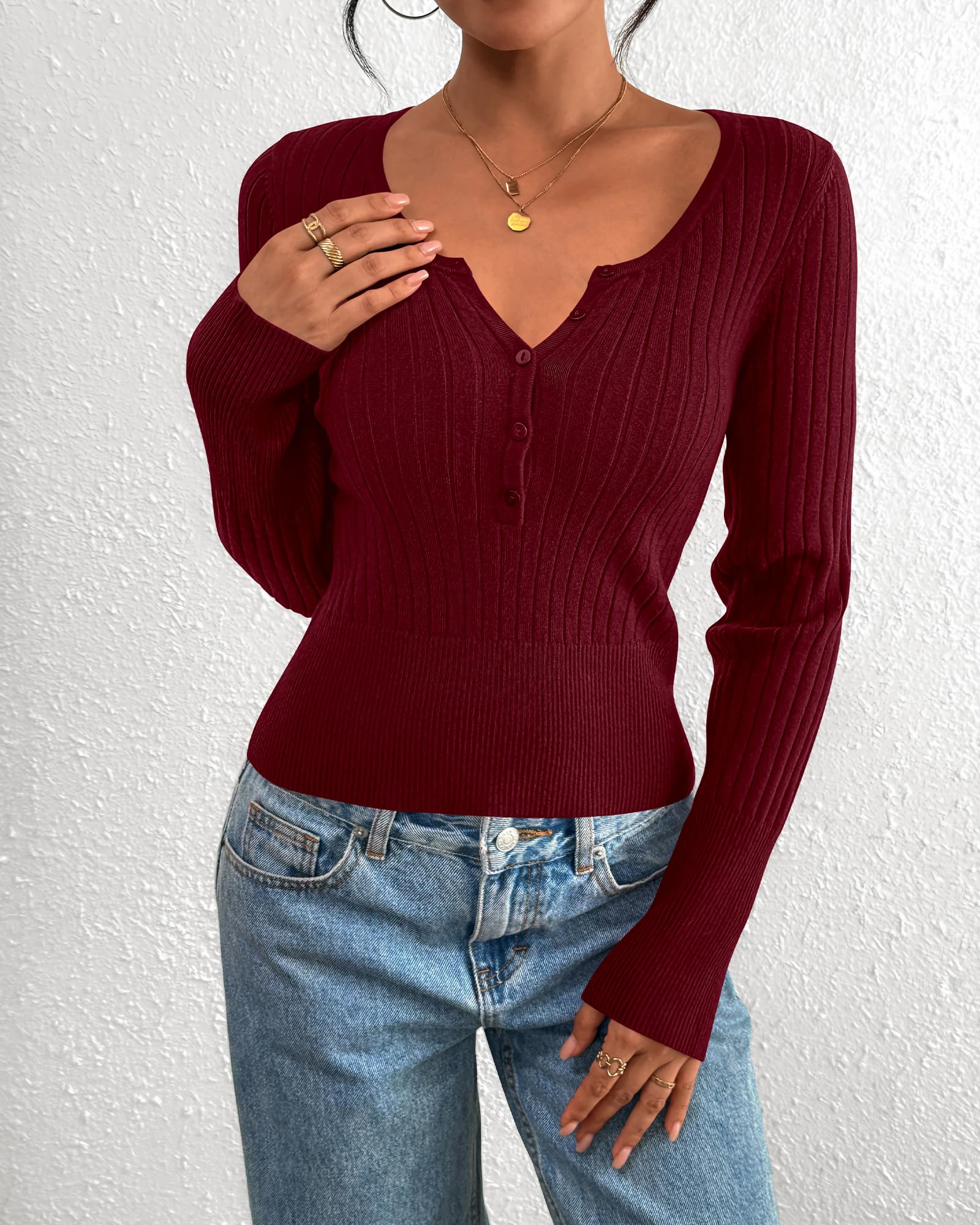 FreshPretty Fall Sweaters for Women Lightweight Long Sleeve Henley Shirts Button Up Knit Basic Slim Fit Going Out Tops