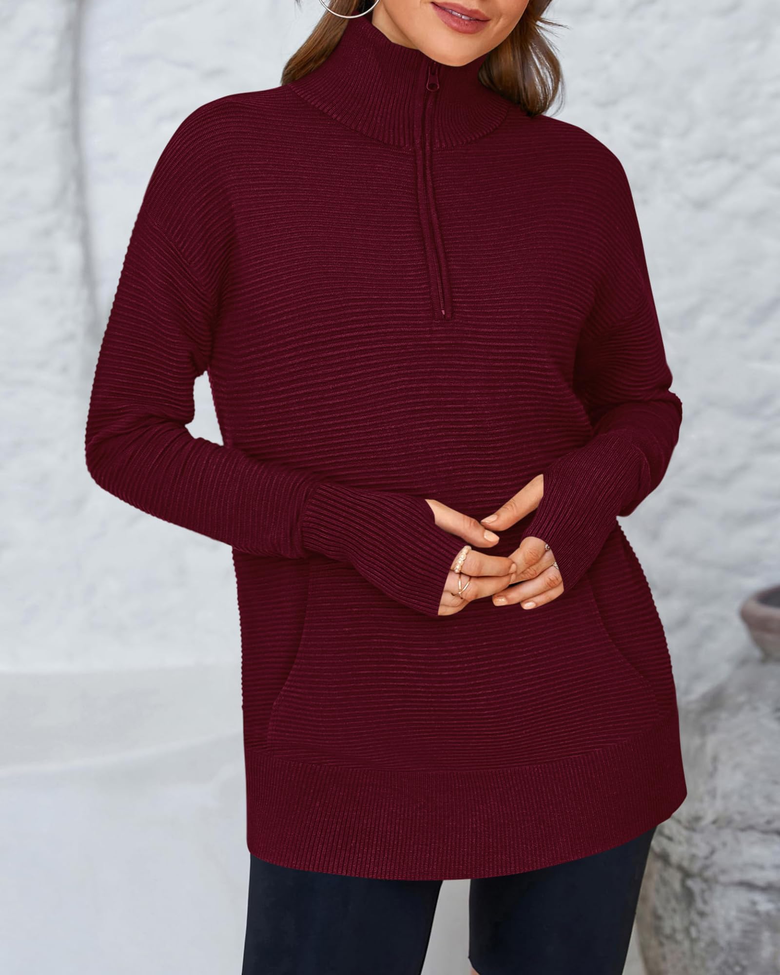 BTFBM Sweaters for Women Fall Clothes Pocket Quarter Zip Pullover V Neck Long Sleeve Knit Trendy Winter Sweater