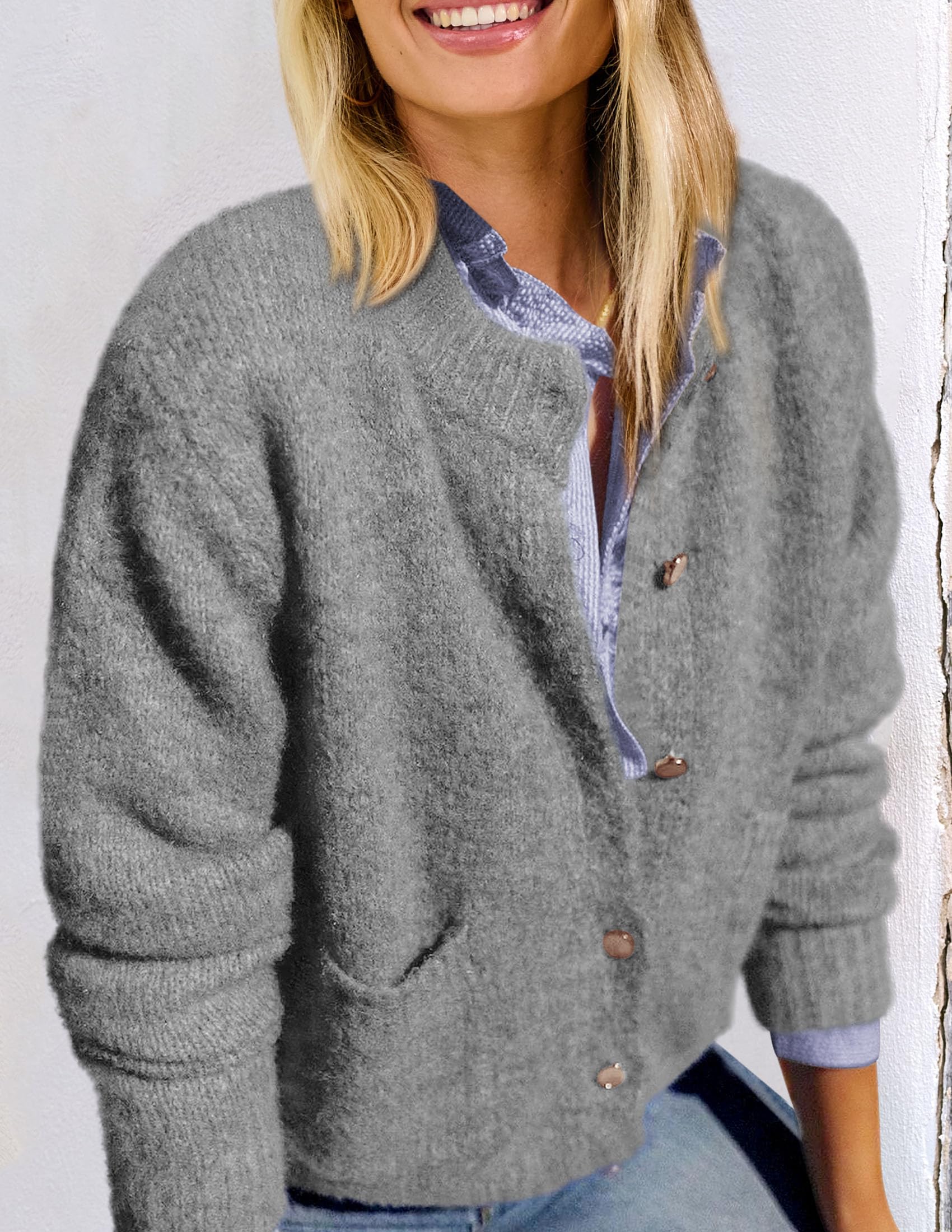 PRETTYGARDEN Women's Knit Cardigan Sweaters Casual Long Sleeve Open Front Button Up Ribbed Fall Spring Sweater Jackets