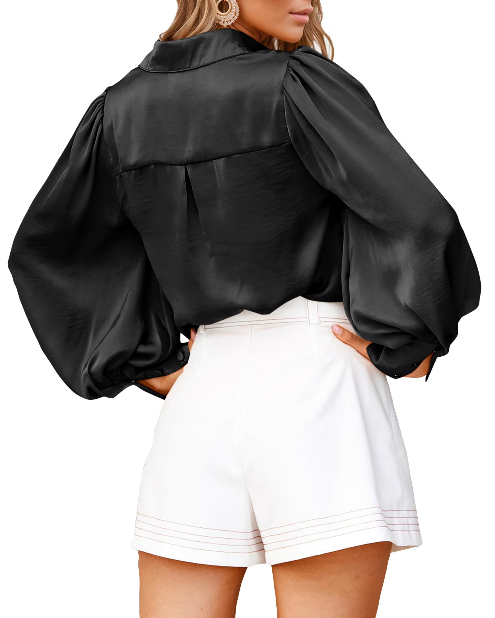 BTFBM Women Satin Blouses Summer Fall Clothes Button Down Lantern Long Sleeve Shirts Work Business Casual Dressy Tops