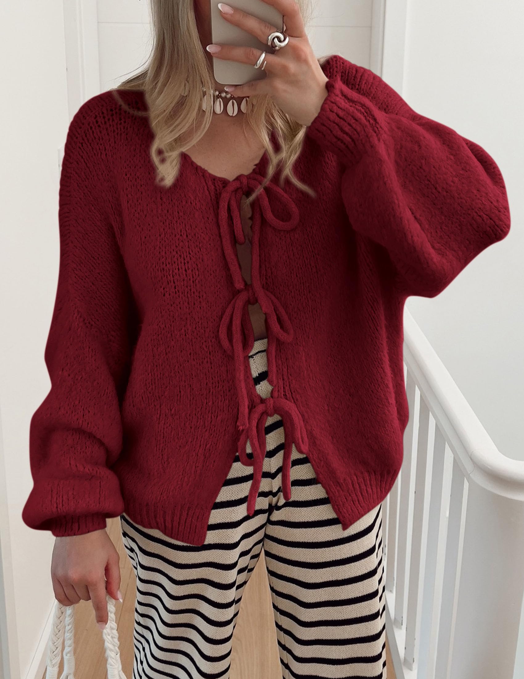 PRETTYGARDEN Women's Tie Front Bow Cardigan Sweaters Chunky Knit Long Puff Sleeve Trendy Fall Winter Jacket Coat