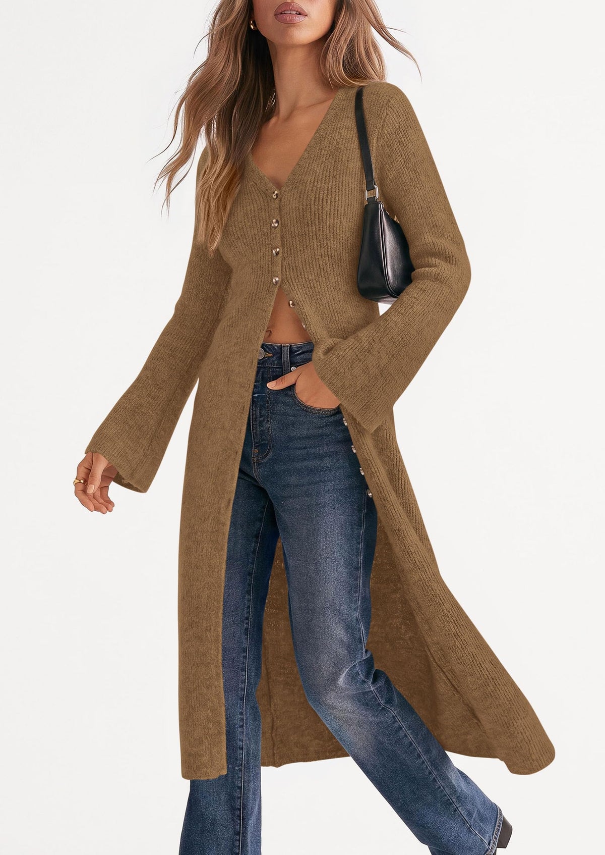 PRETTYGARDEN Women Long Cardigan Bell Sleeve Sweater Dress Early Fall Fashion, V Neck Button Down Coats, Fit and Flare, Duster Sweater, Acrylic Cotton Blend