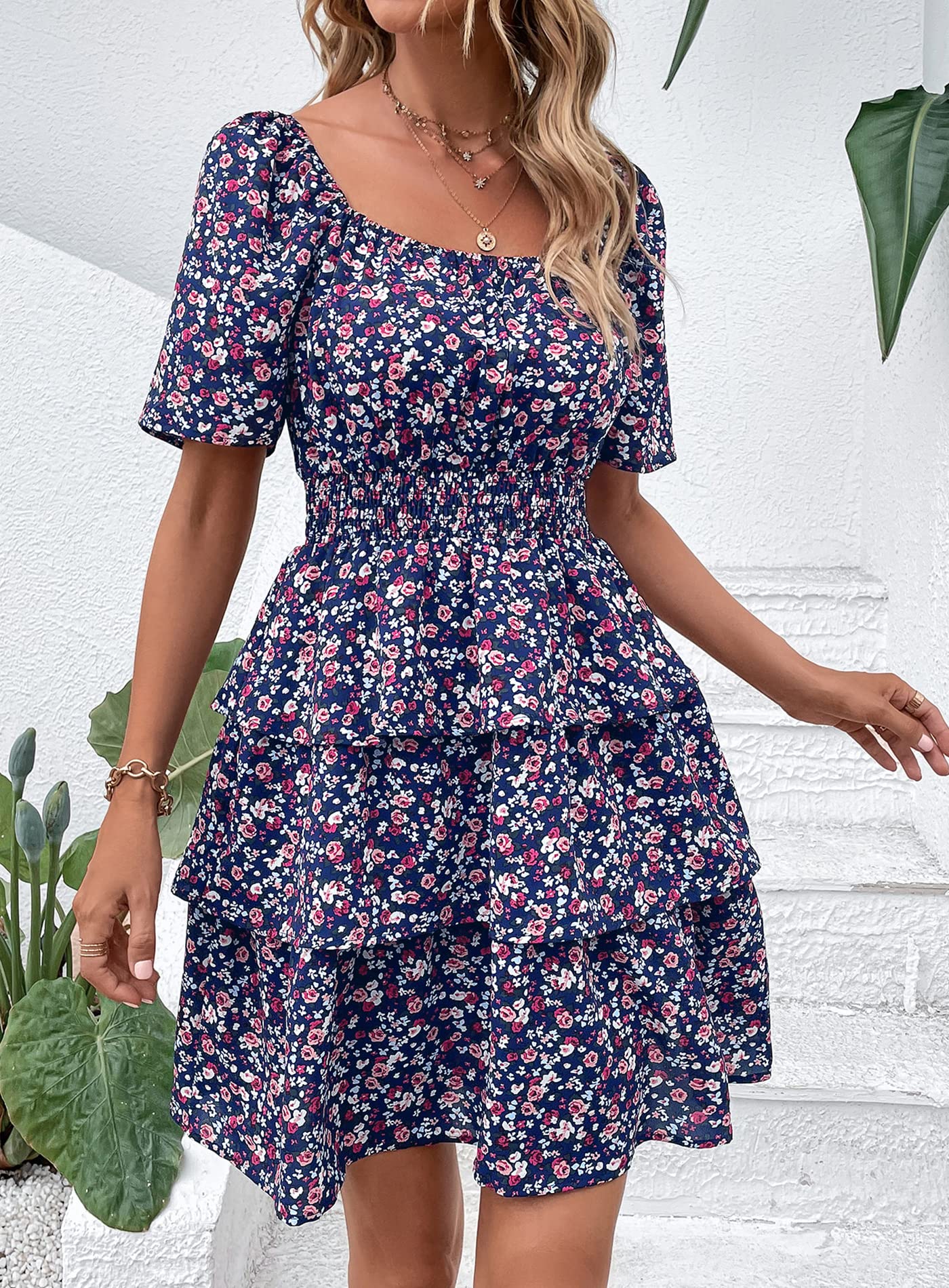 PRETTYGARDEN Women's  Floral Summer Short Dress Square Neck Short Sleeve Tiered Ruffle Boho Swing Dresses