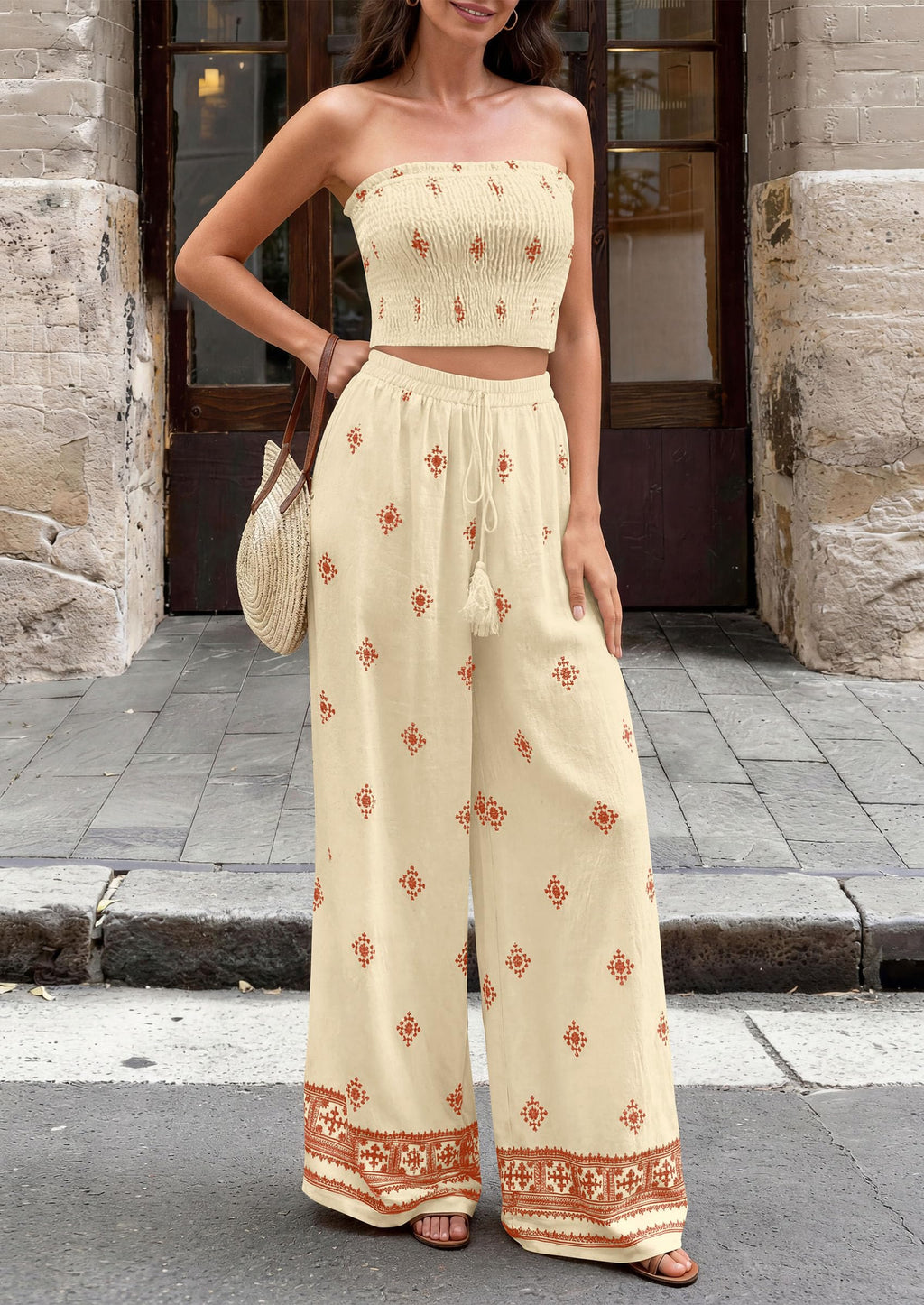PRETTYGARDEN 2 Piece Sets for Women Summer  Travel Outfits Print Tube Tops Wide Leg Pants Beach Vacation Clothes