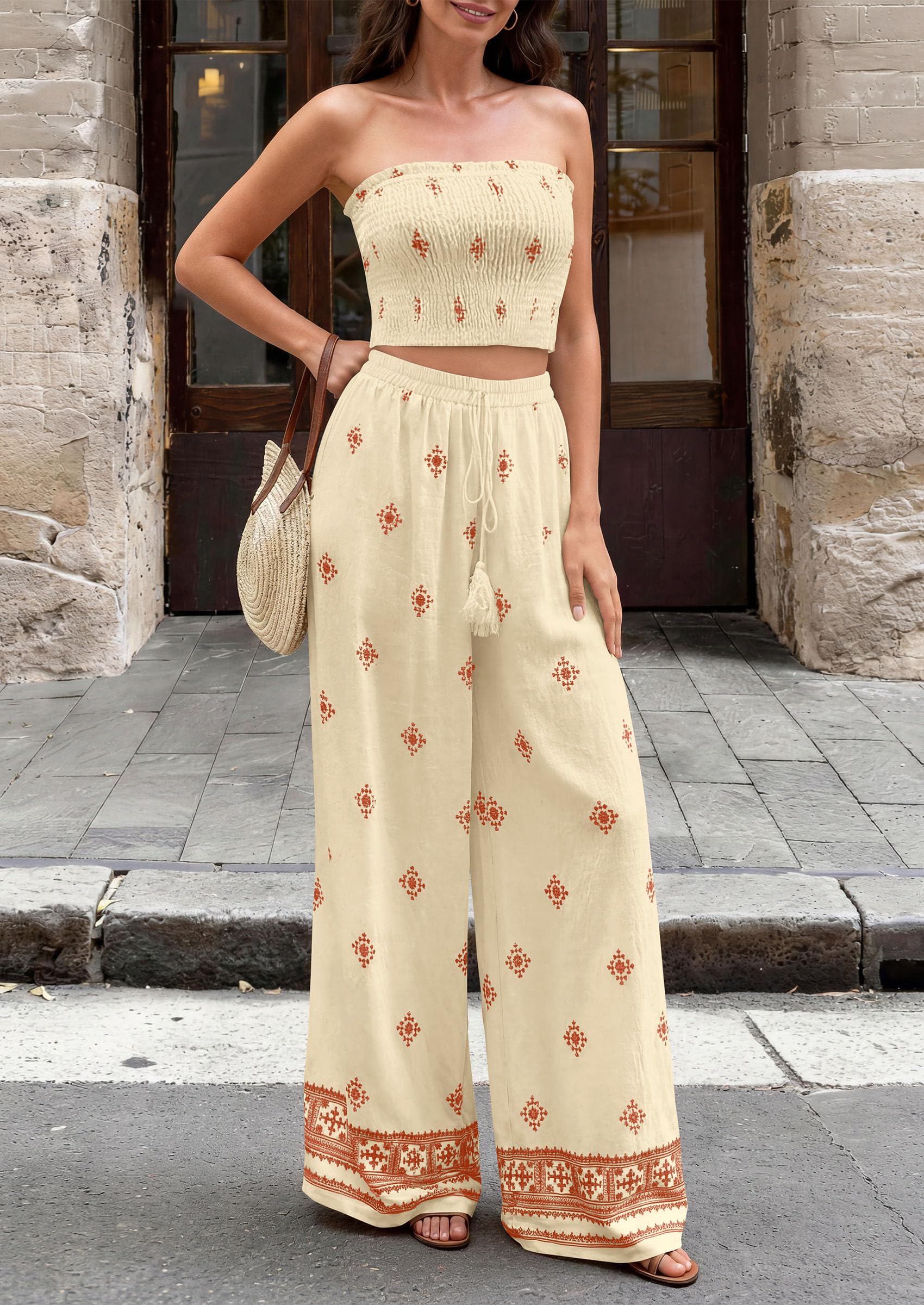 PRETTYGARDEN 2 Piece Sets for Women Summer  Travel Outfits Print Tube Tops Wide Leg Pants Beach Vacation Clothes