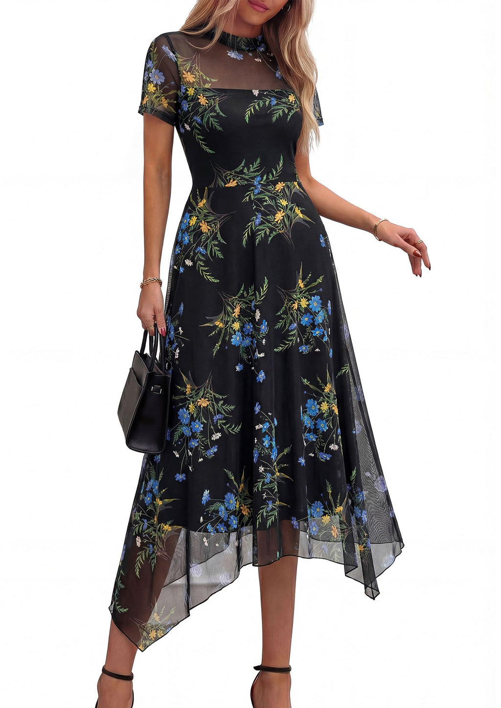 PRETTYGARDEN Cocktail Dresses for Women  Summer Short Sleeve Floral Mesh Sheer Midi Party Wedding Guest Dress