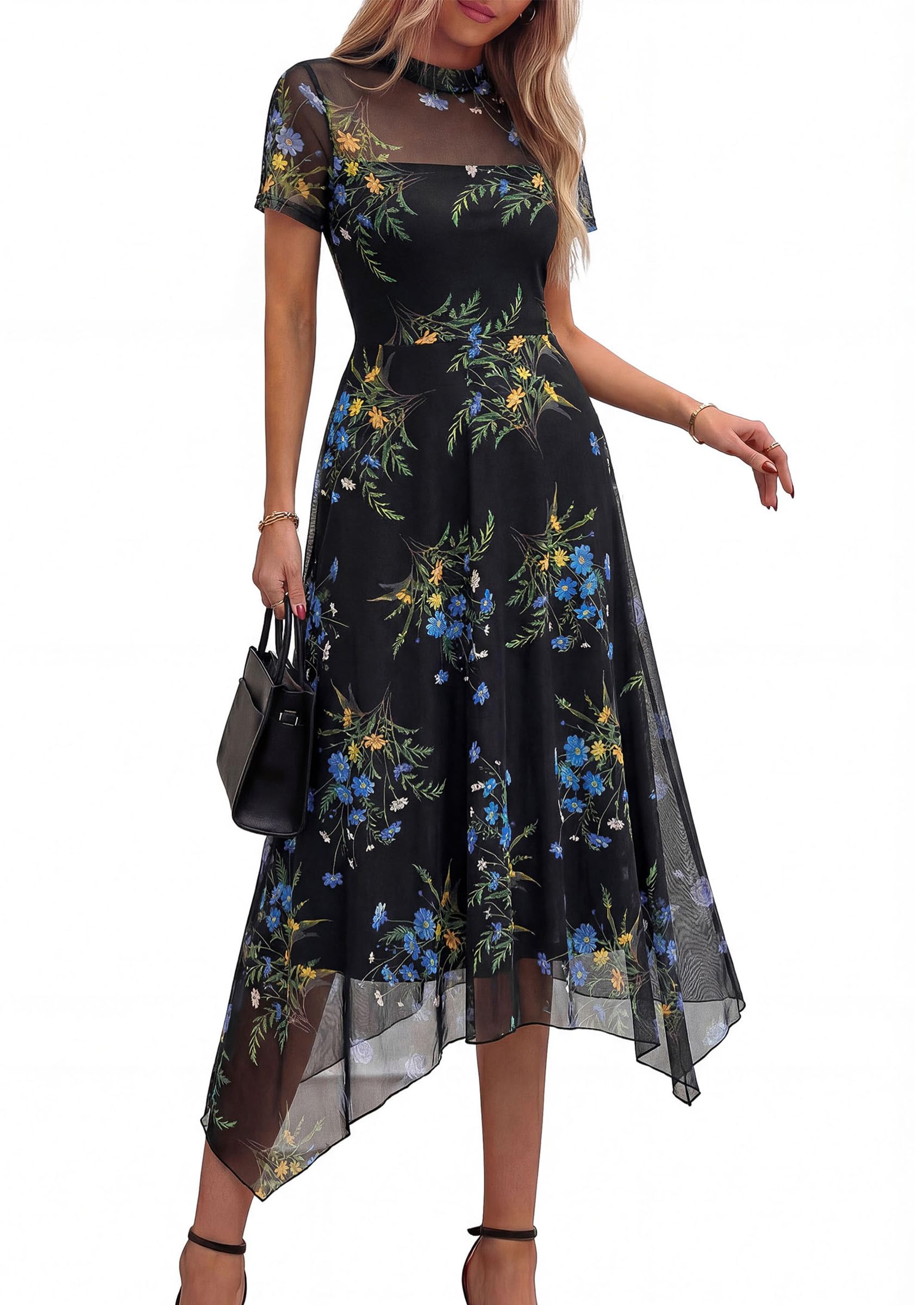 PRETTYGARDEN Cocktail Dresses for Women  Summer Short Sleeve Floral Mesh Sheer Midi Party Wedding Guest Dress