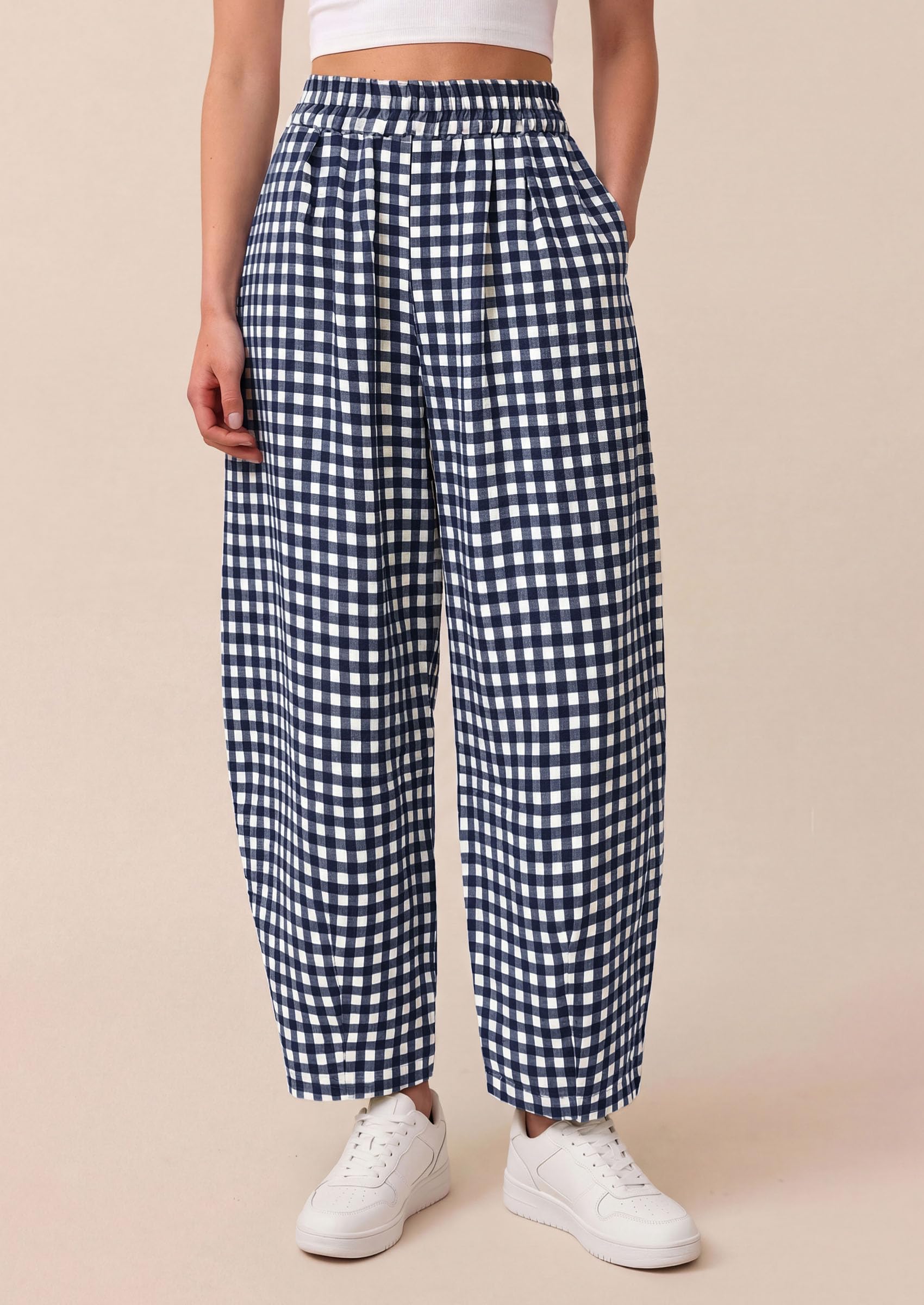 PRETTYGARDEN Plaid Barrel Pants Women Summer Casual Loose Wide Leg Lounge Gingham Trousers Spring Fashion Beach Bottoms