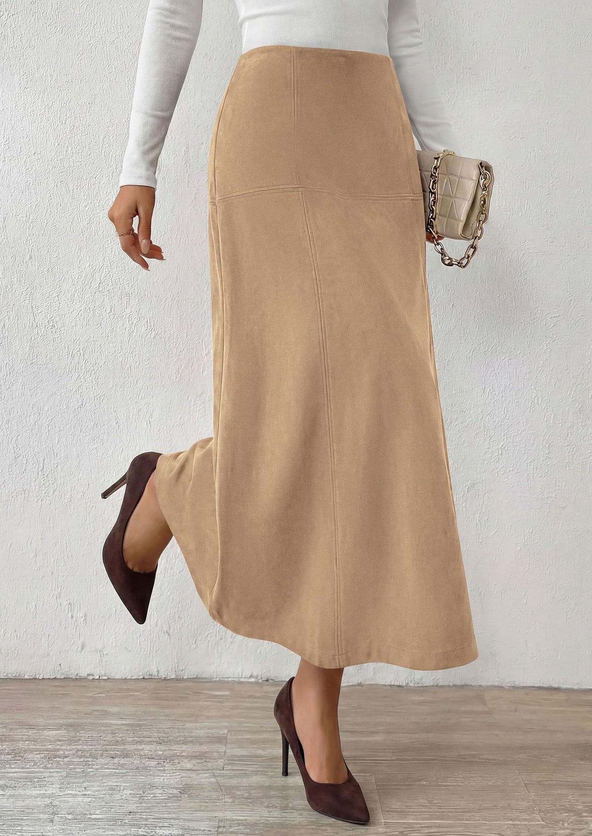 PRETTYGARDEN Womens High Waist Faux Suede A Line Midi Skirt | Hidden Stretch Elastic Waist, Front Back Panel Stitching, Vintage Elegant Mid-Calf Long Skirts for Fall Winter Office Daily