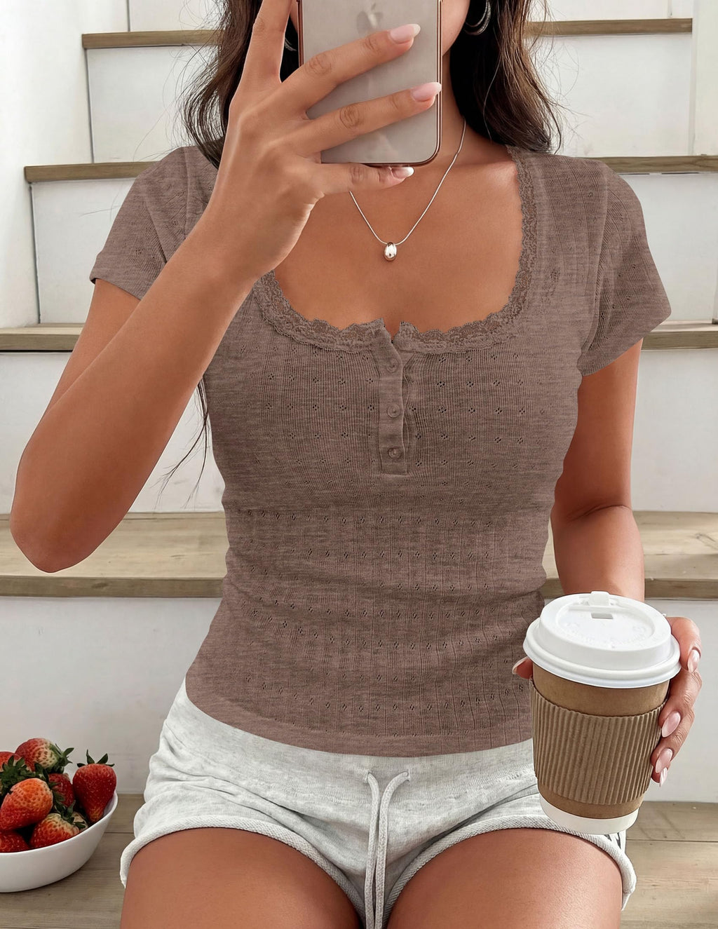 PRETTYGARDEN Summer Tops for Women Short Sleeve Lace Trim Slim Fitted Henley Tee Shirts Y2K Fashion Clothing