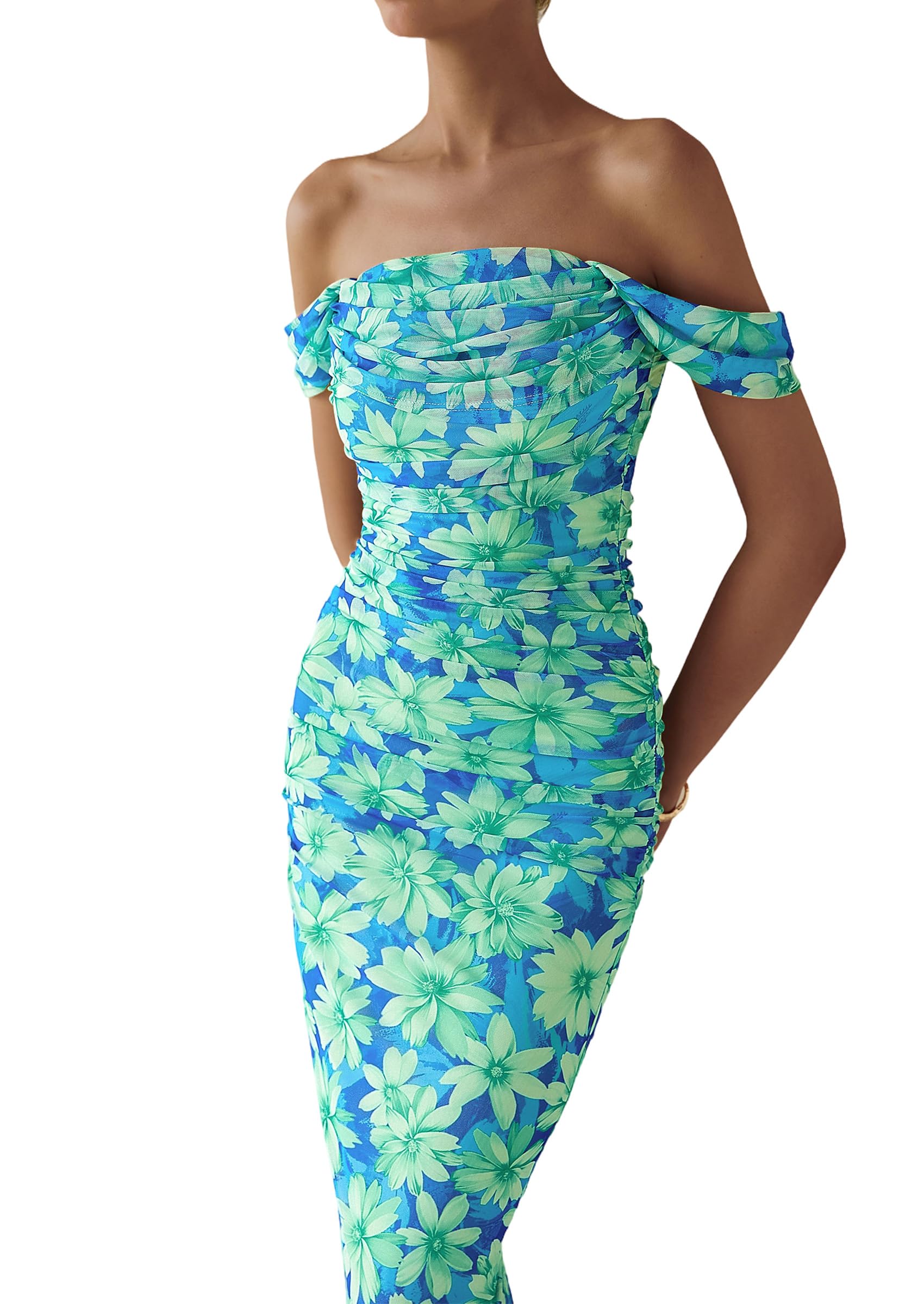 PRETTYGARDEN Cocktail Dresses for Women Summer Floral Off Shoulder Ruched Mesh Elegant Wedding Guest Maxi Dress
