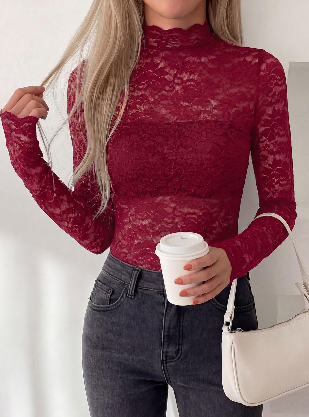 PRETTYGARDEN Womens Lace Long Sleeve Tops Sheer Mesh Blouse | Mock Neck Floral See Through, Slim Fitted, Soft Stretchy Elegant, Going Out Concert, Club Party Outfits, Fall Fashion Clothes