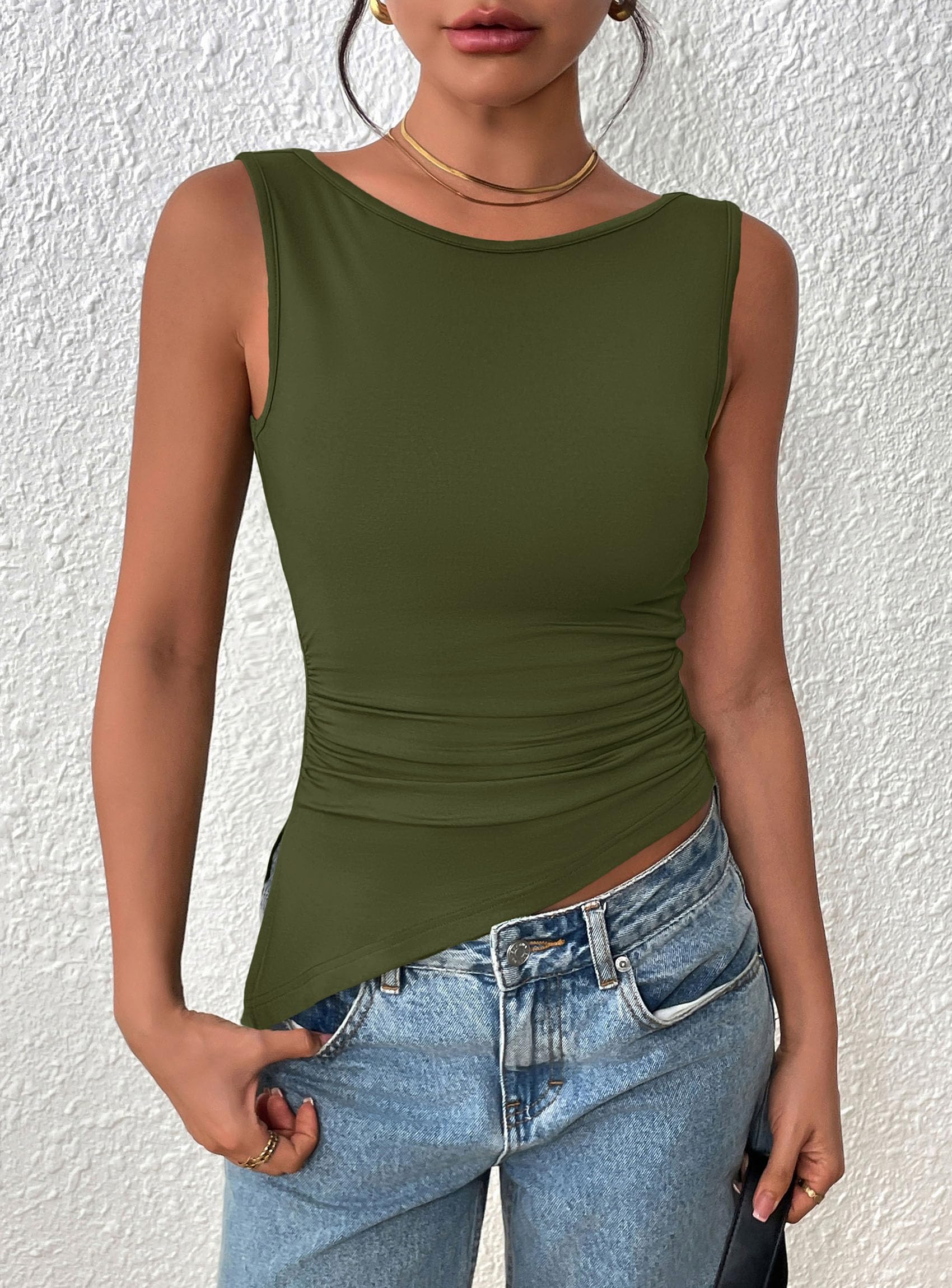 PRETTYGARDEN Womens Ruched Tank Tops  Summer Sleeveless Slim Fit T Shirts Blouses Going Out Y2K Fashion Clothes