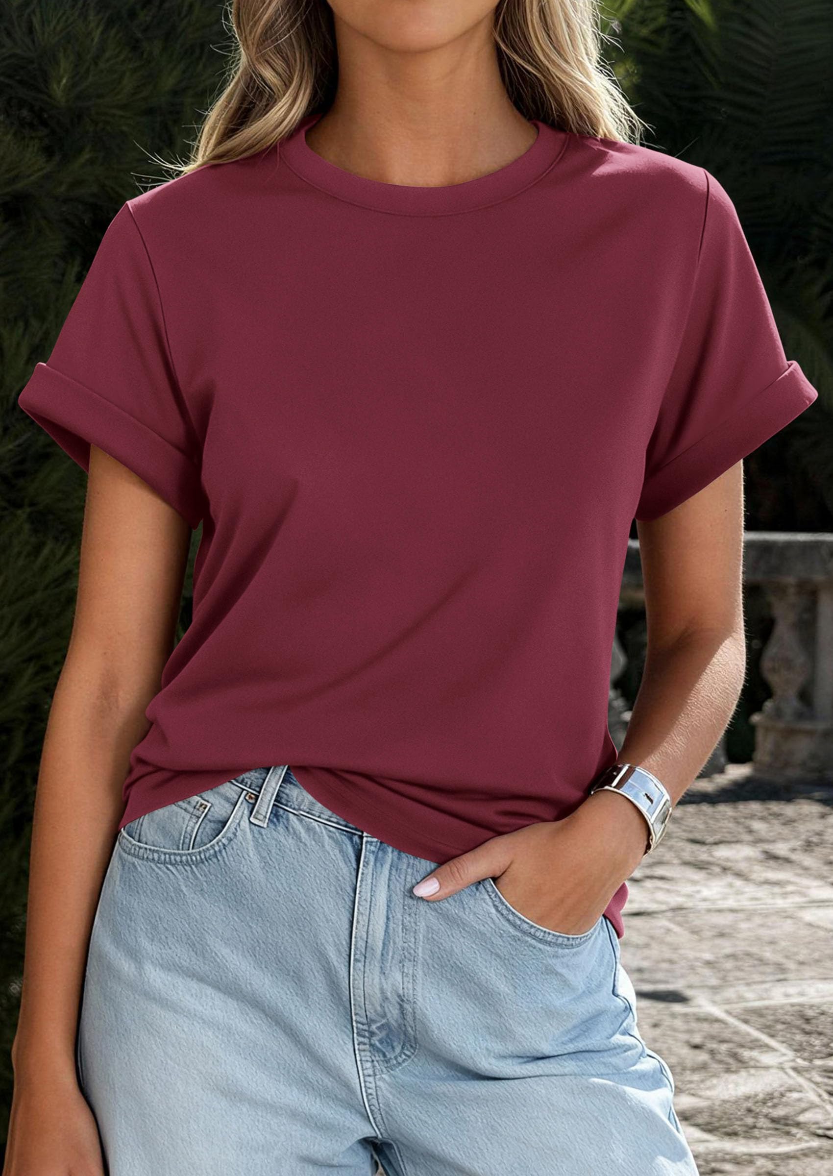 PRETTYGARDEN Womens Summer Tops Spring Casual Rolled Short Sleeve Basic Tees Crew Neck Work Shirts Fashion Clothing
