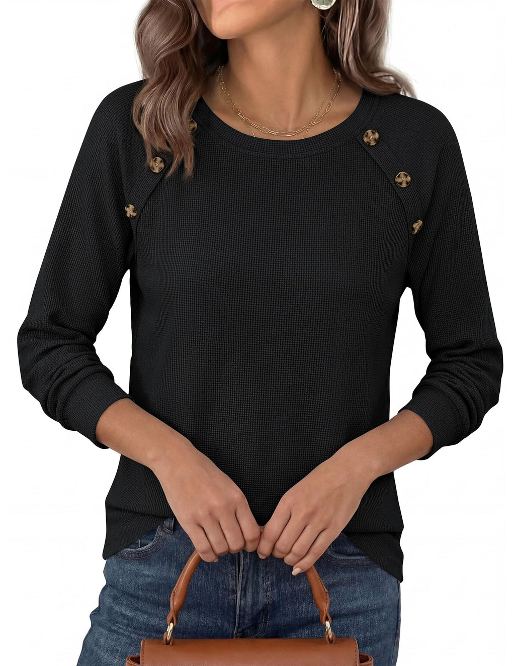 PRETTYGARDEN Long Sleeve Shirts for Women Waffle Knit Tops Fall Fashion Dressy Casual Loose Tunic Blouse Winter Clothing