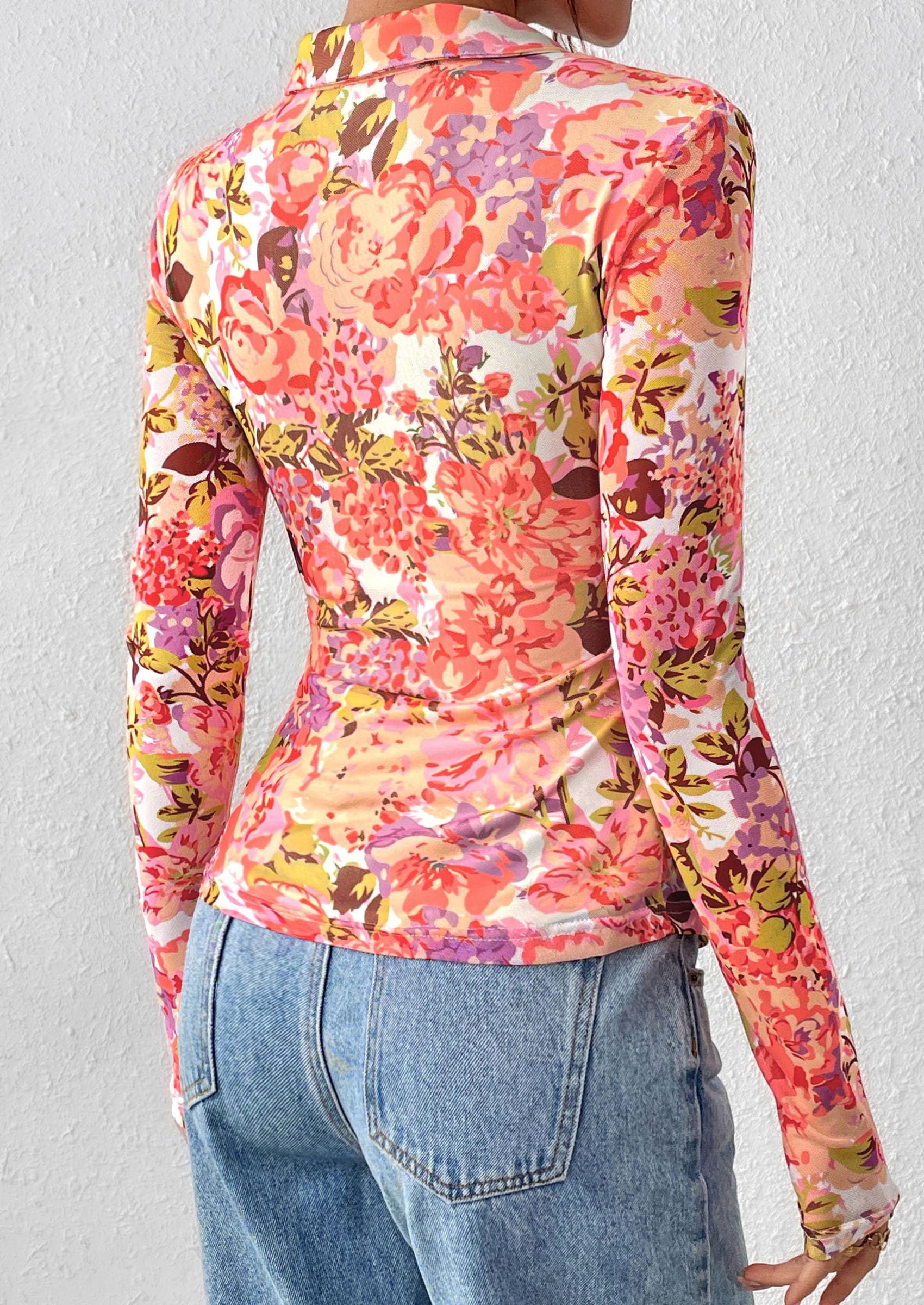 PRETTYGARDEN Women Button Down Floral Shirts Fall Trendy Long Sleeve V Neck Mesh Boho Blouse Spring Tops Date Outfits