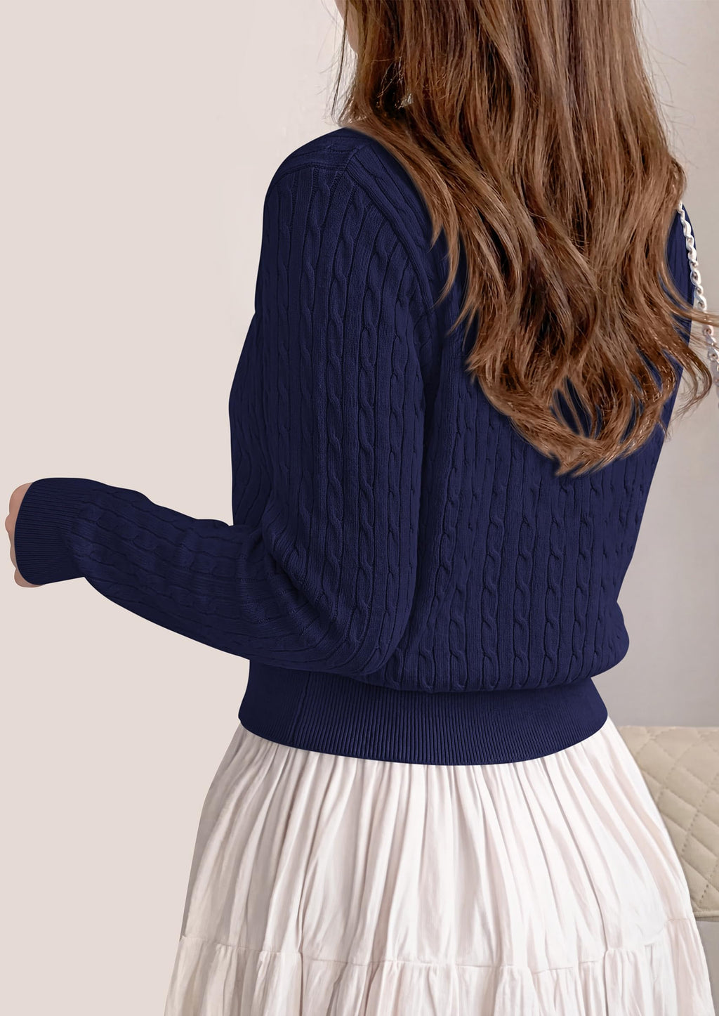 FreshPretty Women's Cable Knit Cropped Cardigan Sweater V Neck Button Down | Soft Lightweight Cable Knit, Long Sleeve, V Neck Button Front, Cropped Ribbed Trim, Business Casual Fall Winter Layering
