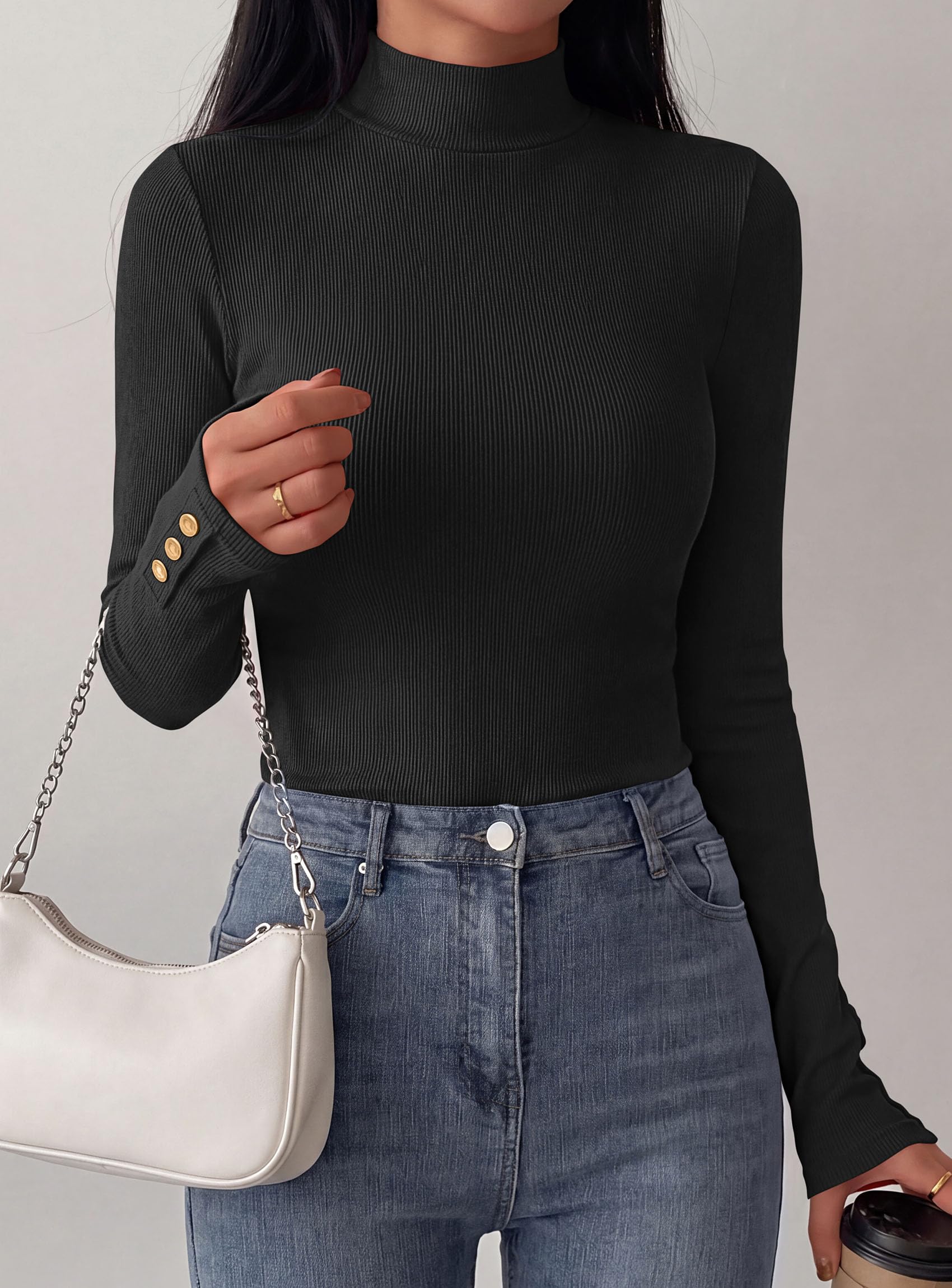 PRETTYGARDEN Women's Ribbed Mock Neck Long Sleeve Tops | Slim Fitted T-Shirts, Soft Stretch, Decorative Buttons, Going Out Work Casual Wear, Fall Outfits Layering Winter Clothes