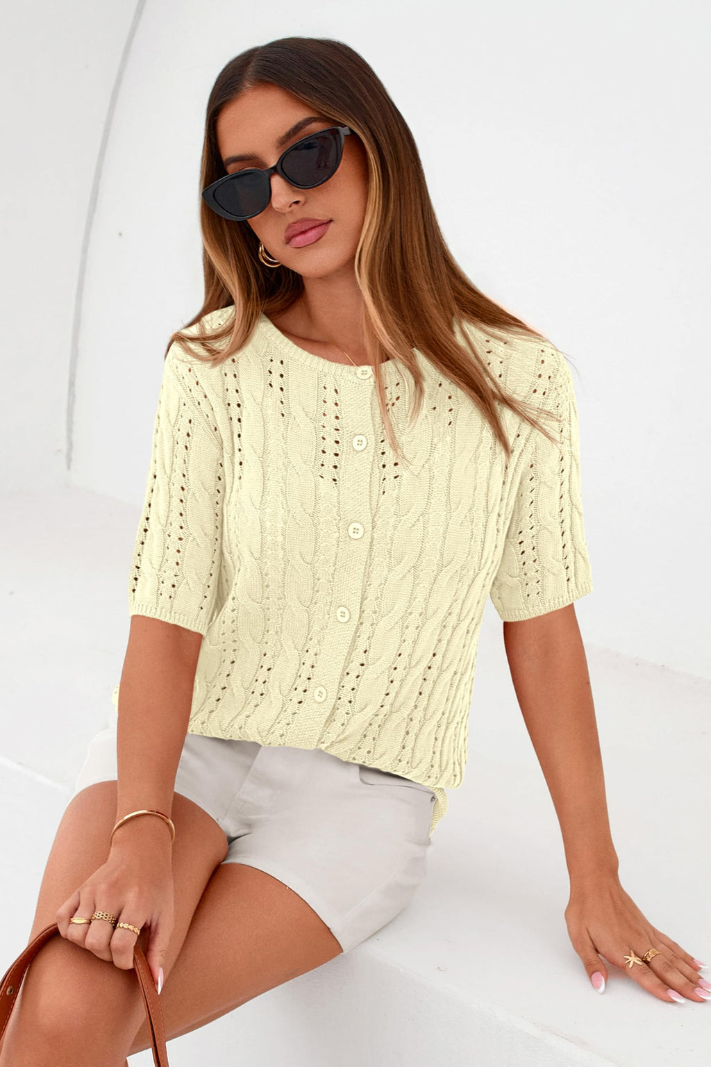 FreshPretty  Women Summer Cable Knit Crochet Cardigan Sweaters Casual Button Short Sleeve Sweater Cute Beach Hollow Out Knit Top