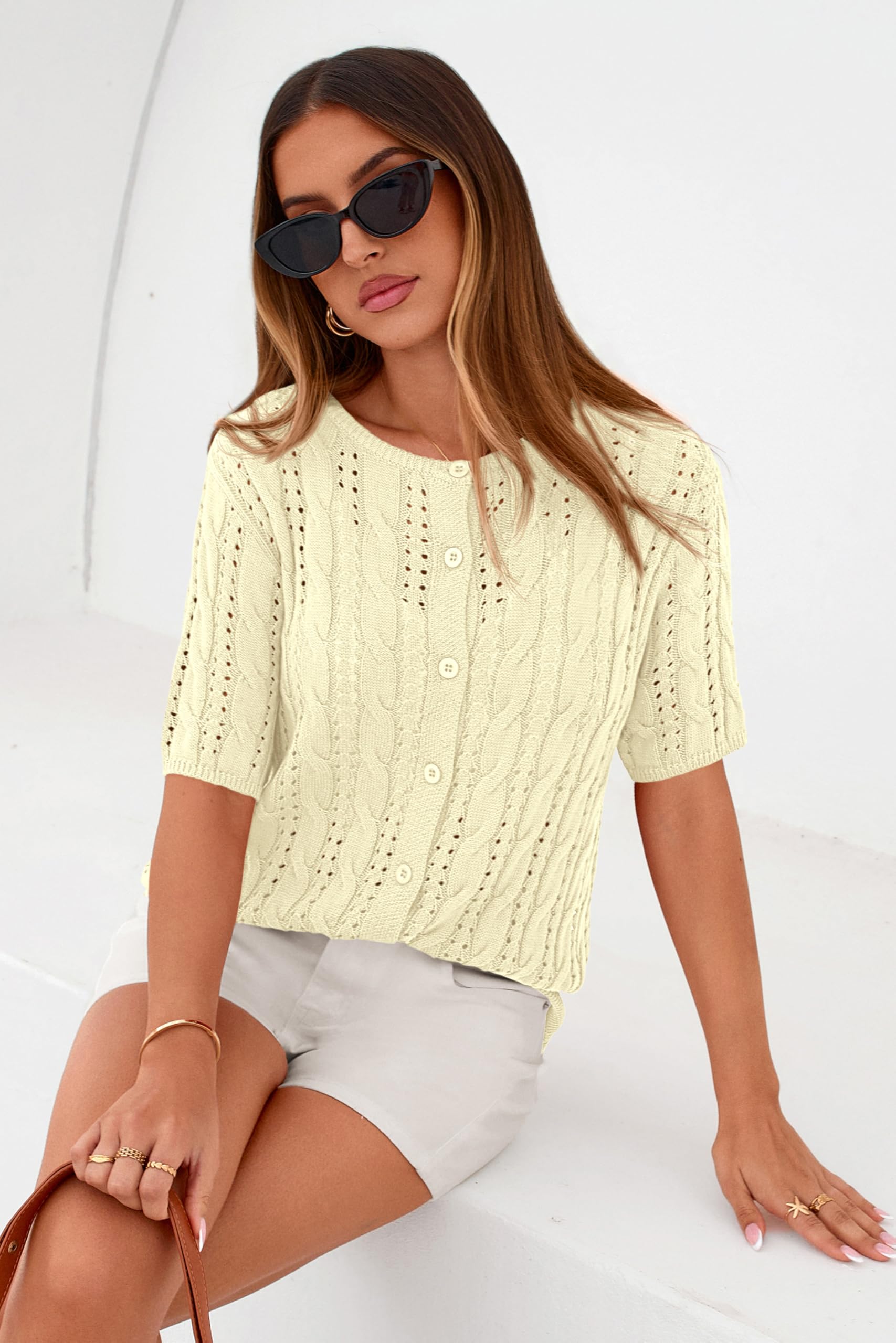 FreshPretty  Women Summer Cable Knit Crochet Cardigan Sweaters Casual Button Short Sleeve Sweater Cute Beach Hollow Out Knit Top