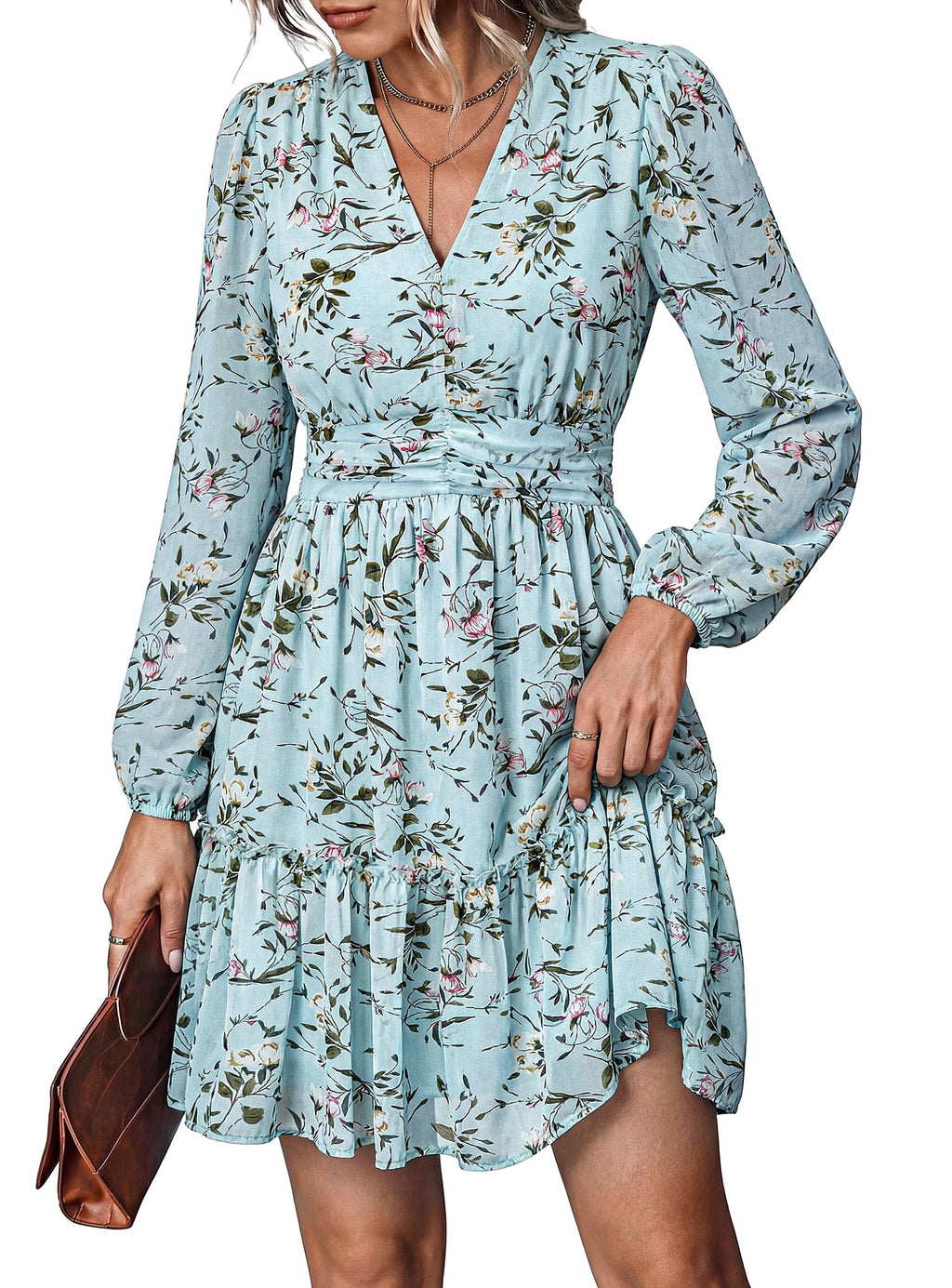 PRETTYGARDEN Women Floral Long Sleeve Mini Dress | Fall Wedding Guest Dresses, V Neck, Fit & Flare, Ruffle Hem A-Line, Short Chiffon Dress, Elegant Holiday Party, Date Outfits