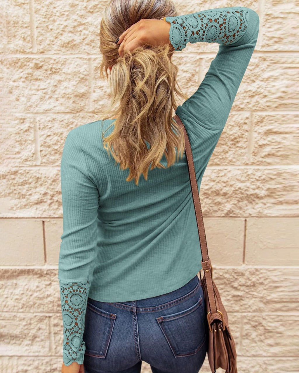 FreshPretty Women Long Sleeve Shirts Spring Solid Button Up V Neck Lace Long Sleeves Slim Fit Knit Casual Fall T-Shirts