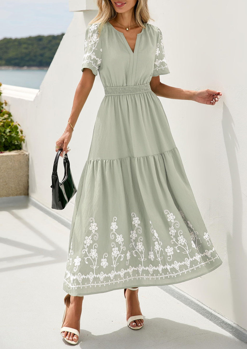 PRETTYGARDEN Women's Summer Boho Maxi Dress Spring Floral Short Sleeve V Neck A Line Flowy Beach Wedding Guest Dresses
