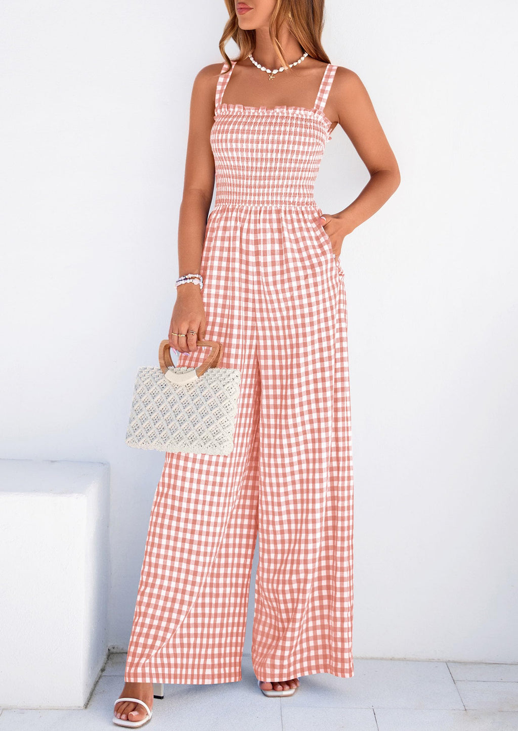 PRETTYGARDEN One Piece Jumpsuits for Women Casual Summer Cruise Outfits  Spring Fashion Smocked Wide Leg Gingham Rompers