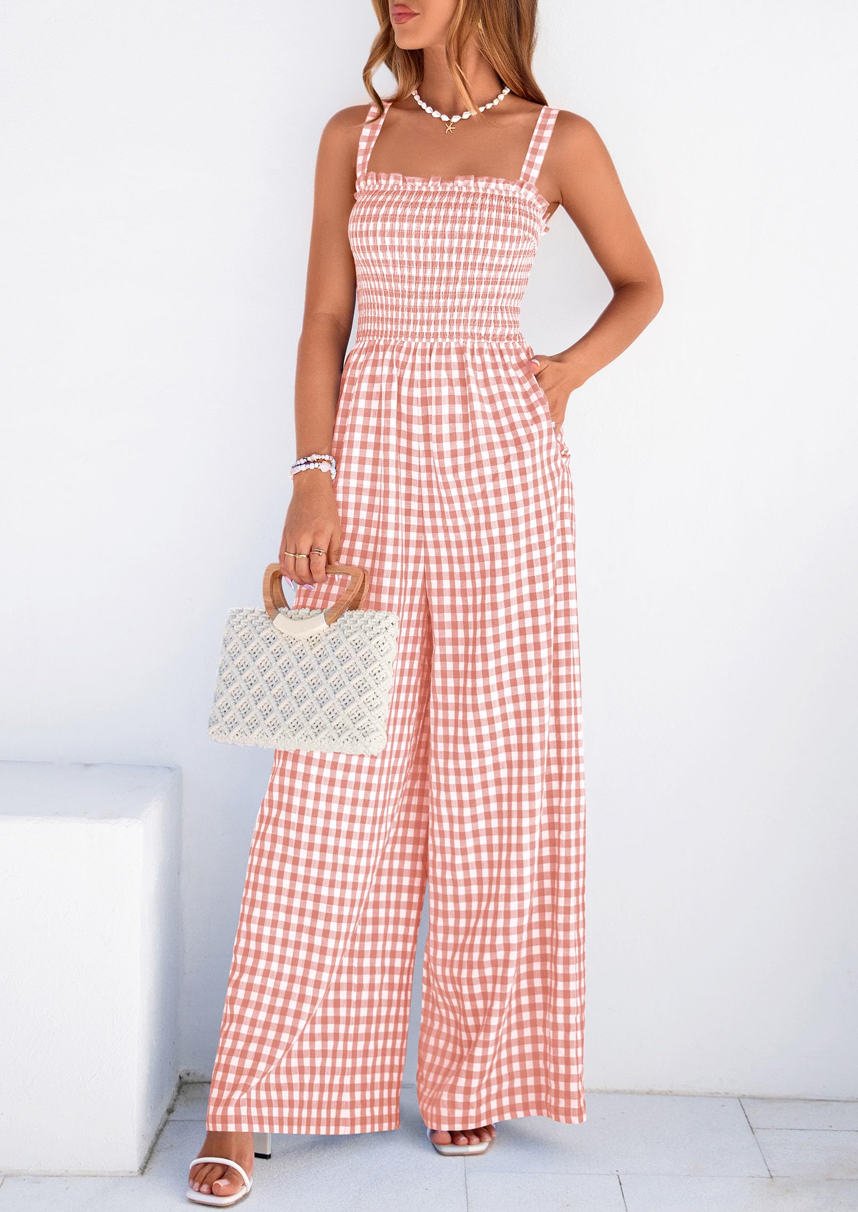 PRETTYGARDEN One Piece Jumpsuits for Women Casual Summer Cruise Outfits  Spring Fashion Smocked Wide Leg Gingham Rompers