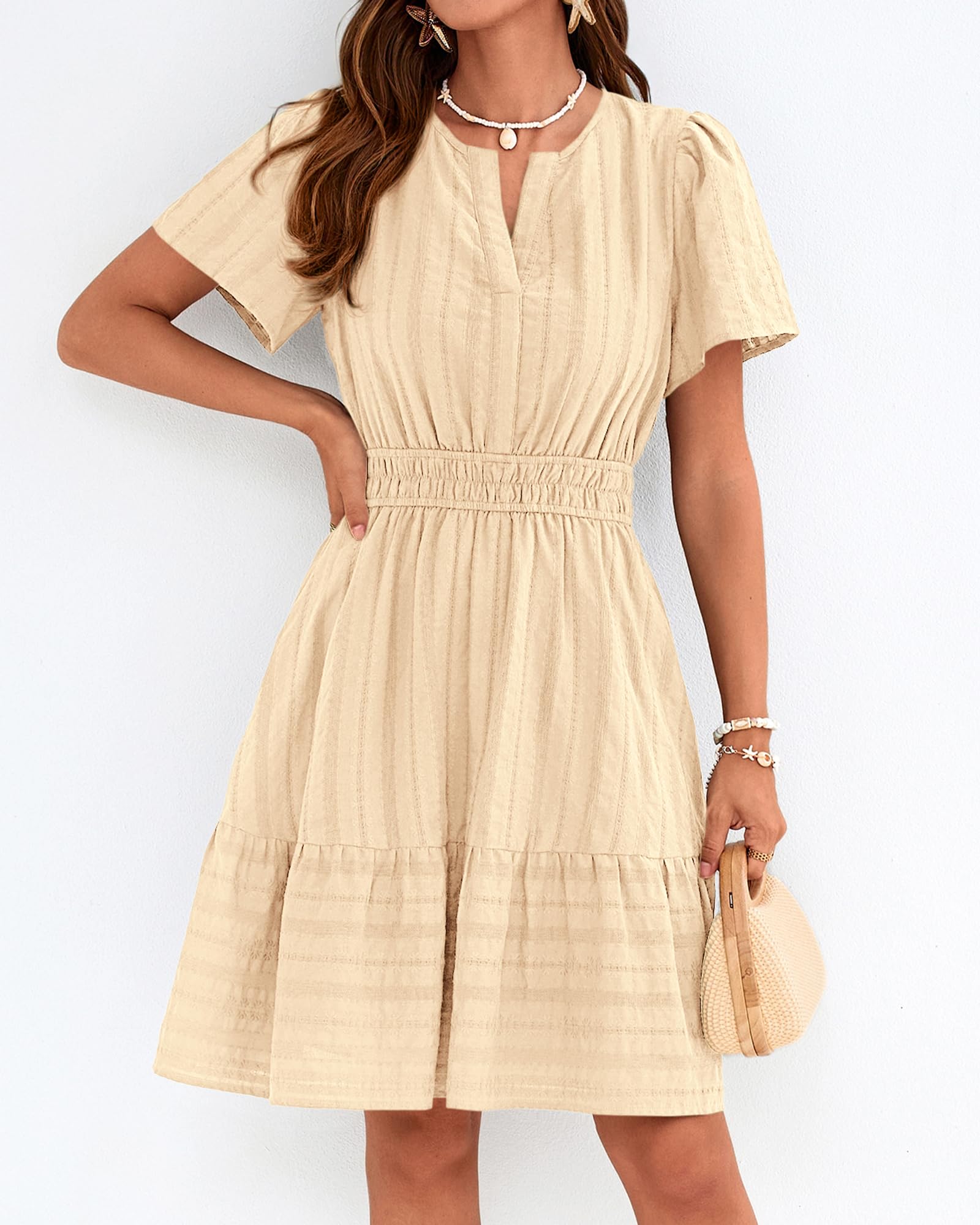 BTFBM Womens Spring  Casual Mini Dresses Lightweight Short Sleeve V Neck Elastic Waist Cute Boho Beach Dress Pockets
