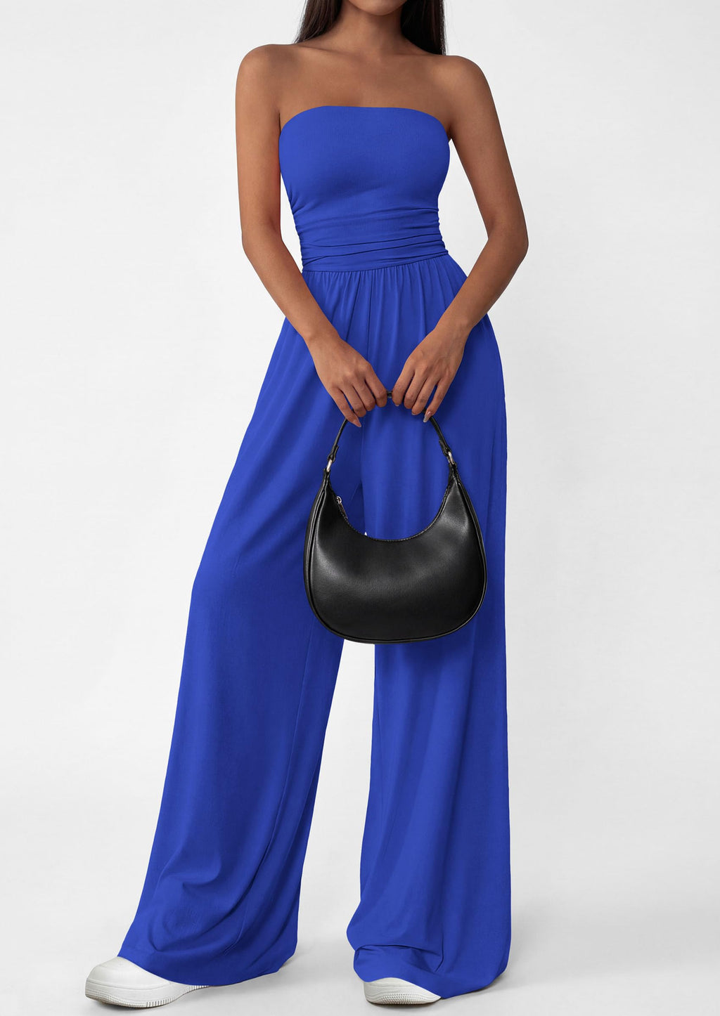 PRETTYGARDEN Womens Trendy Strapless Rompers Ruched Tube Top Wide Leg One Piece Jumpsuits Beach Vacation Summer Outfits