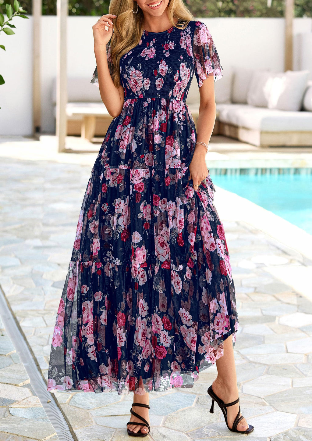 PRETTYGARDEN Tulle Floral Dress Women Summer Wedding Guest  Spring Short Sleeve Maxi Smocked Flowy Beach Party Dresses