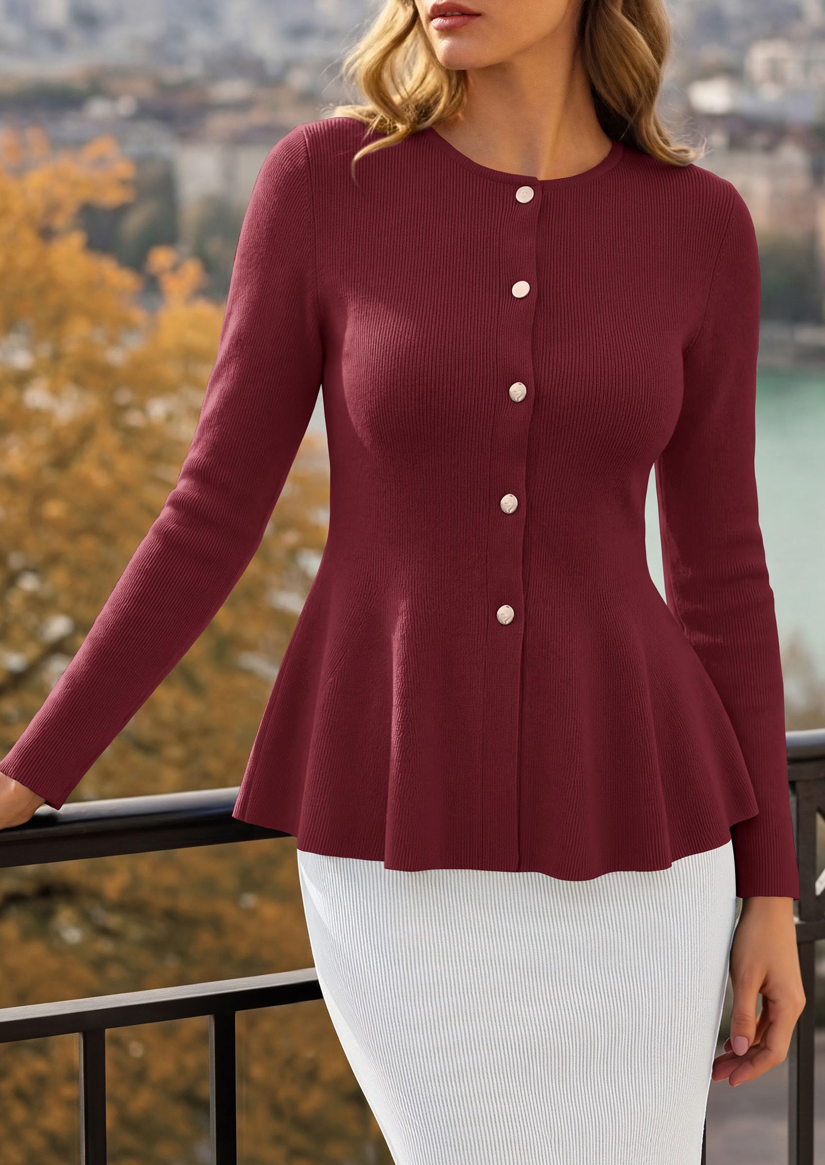 PRETTYGARDEN Women's Fall Lightweight Cardigan Sweaters | Long Sleeve Peplum Tops, Button Up, Slim Fitted, Flared Hem, Soft Ribbed Knit, Business Casual Outfits, Winter Trendy Clothes