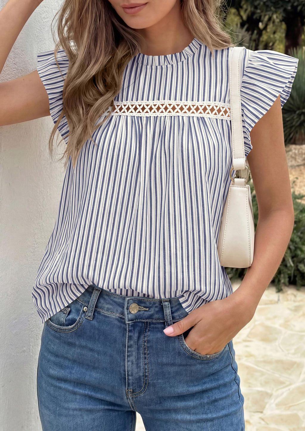 PRETTYGARDEN Striped Shirt Womens Summer Tops  Spring Business Casual Work Dressy Crochet Lace Ruffle Cap Sleeve Blouse