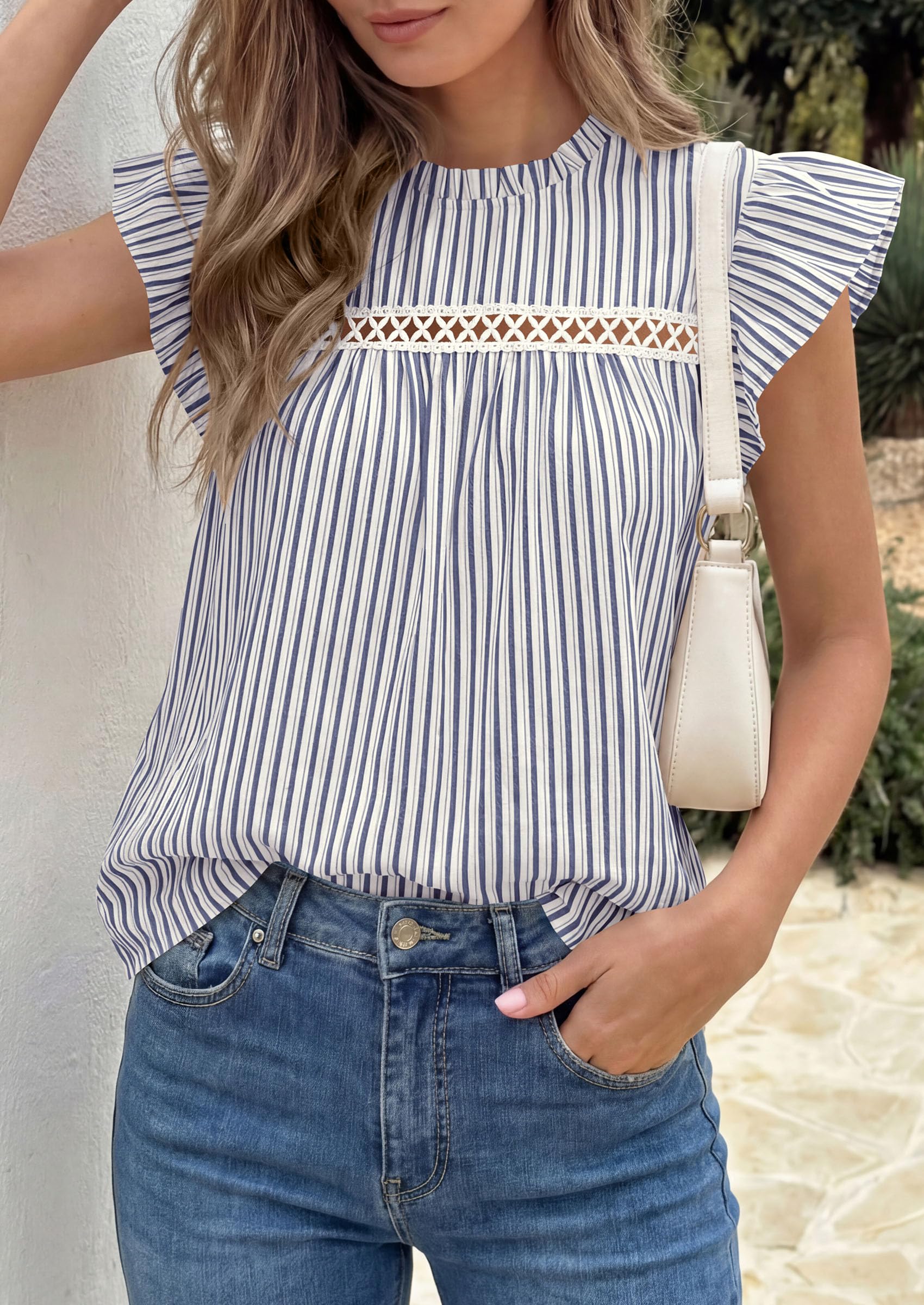 PRETTYGARDEN Striped Shirt Womens Summer Tops  Spring Business Casual Work Dressy Crochet Lace Ruffle Cap Sleeve Blouse