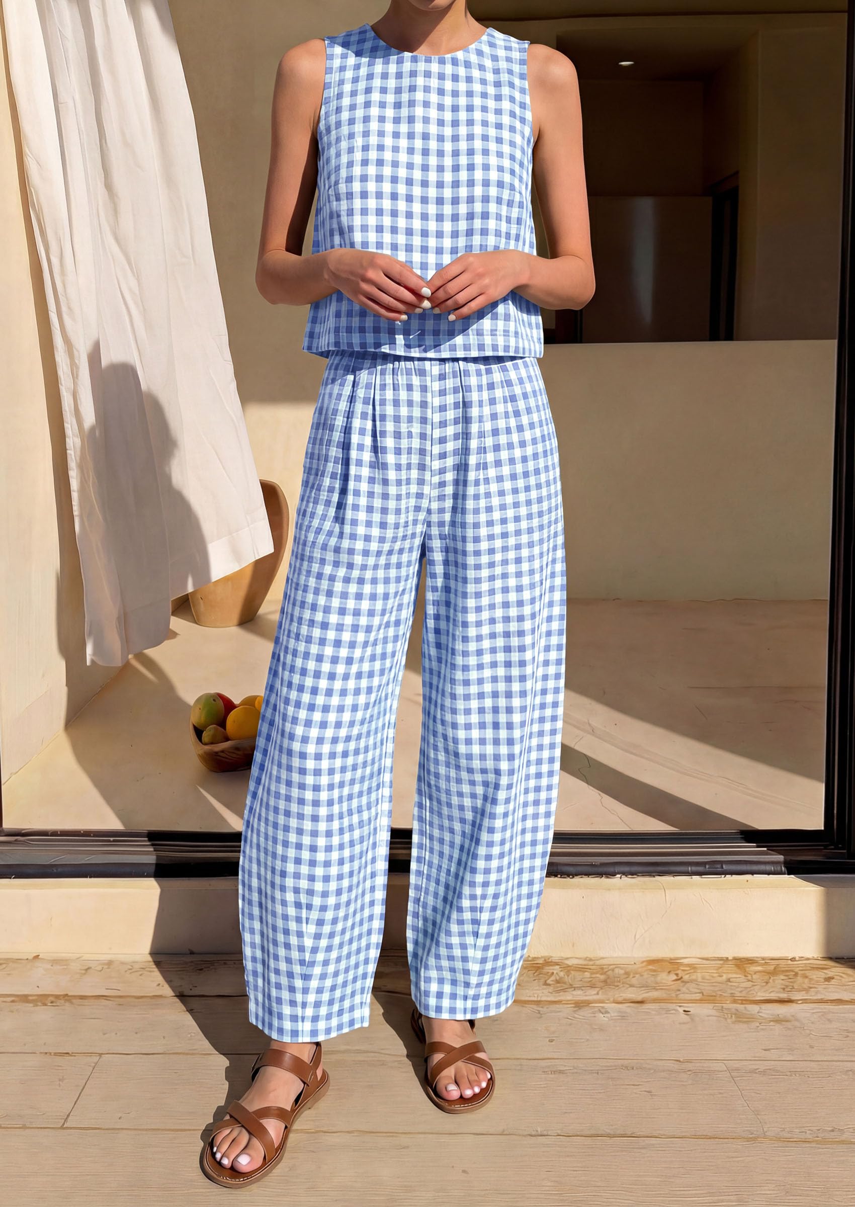PRETTYGARDEN Womens 2 Piece Sets Summer Plaid Sleeveless Tops Wide Leg Pants Matching Lounge Set Beach Vacation Outfits