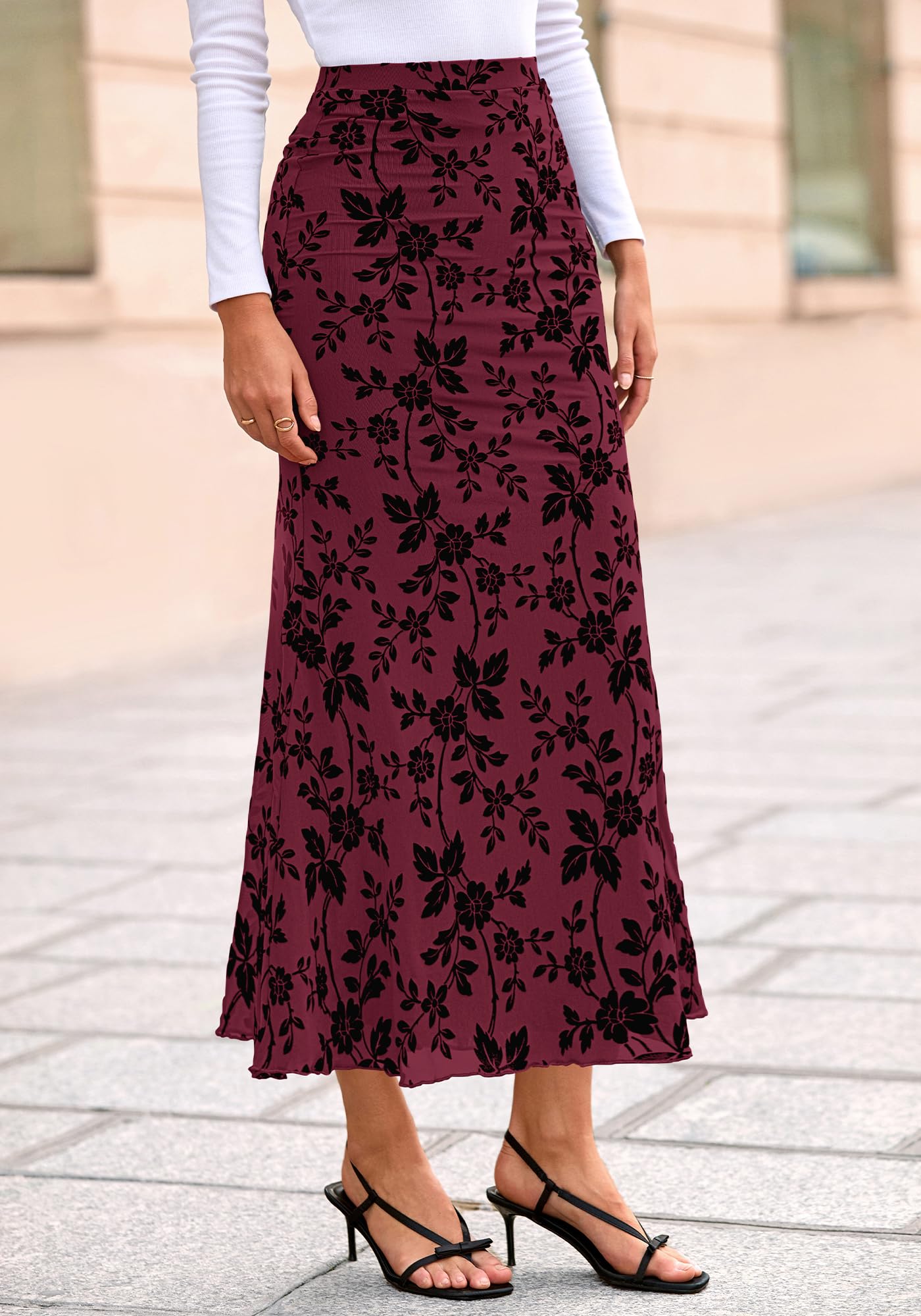 BTFBM Womens Floral Mesh Maxi Skirt Spring Summer Elastic High Waisted Boho Elegant Mermaid Long Skirts for Women