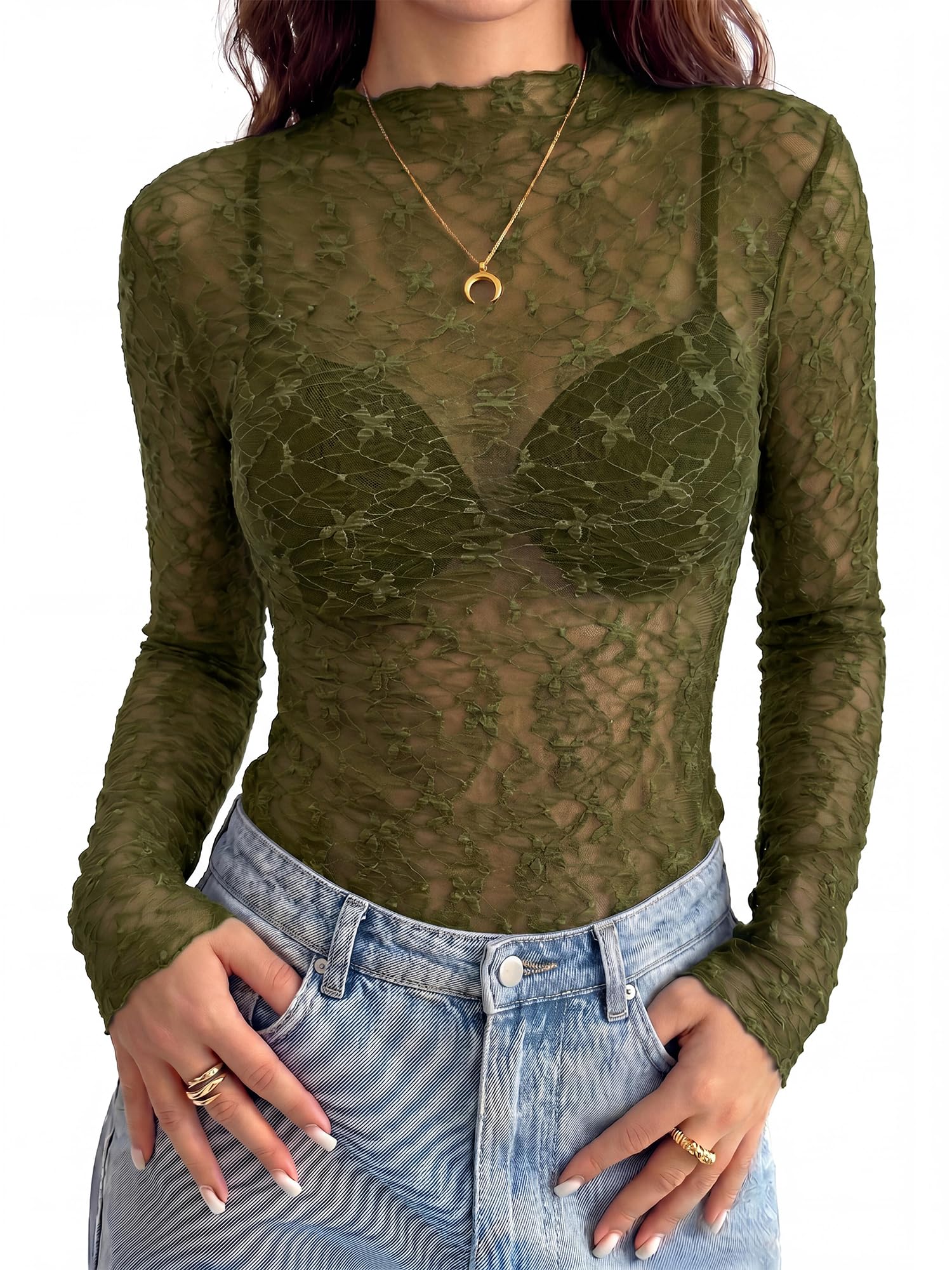 BTFBM Womens Tops Mesh Lace Long Sleeve Tops for Women Spring Fall Sheer See Through Tight Party Club Outfits