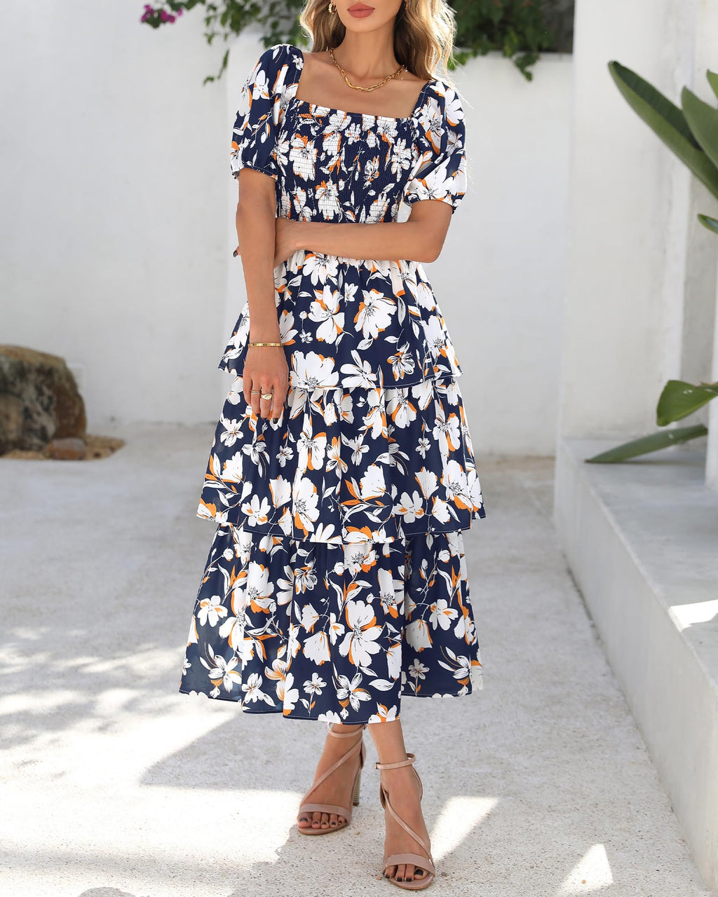 BTFBM Womens Square Neck Smocked Dress Summer Puff Short Sleeve Floral Casual Ruffle Tiered Maxi Wedding Guest Dresses