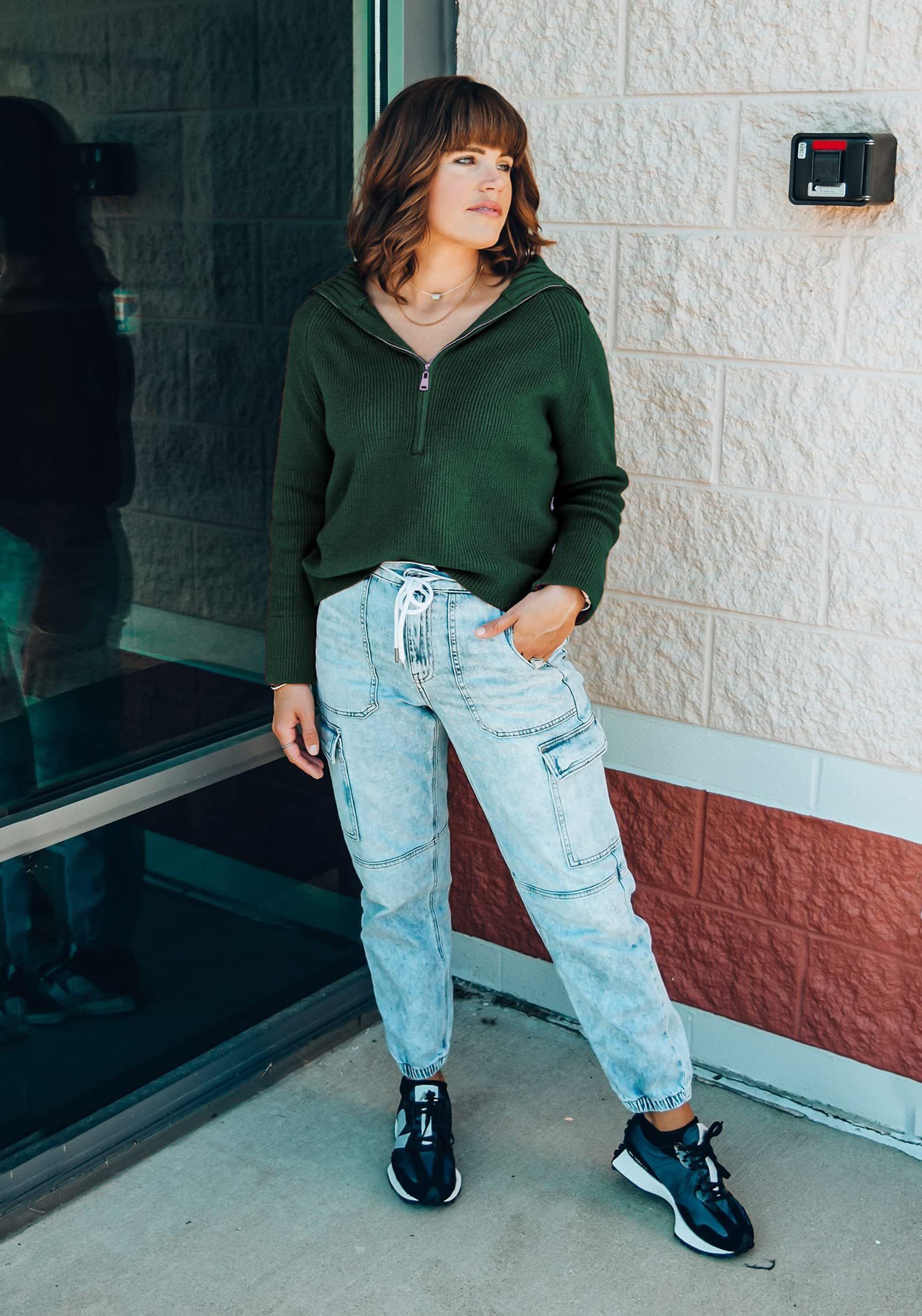 FreshPretty Womens Sweaters Quarter Zip Pullover V Neck Collar Long Sleeve Ribbed Knit Loose Casual Winter Fall Sweater