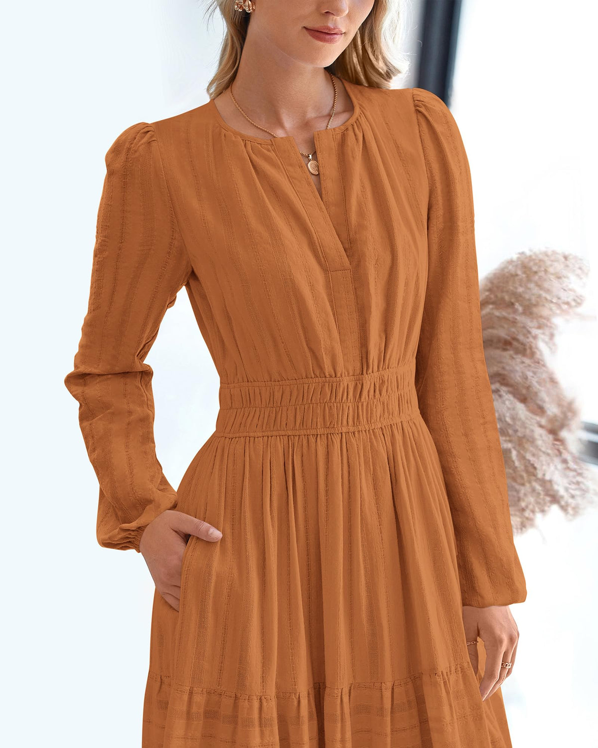 BTFBM Spring Dresses for Women 2026 Casual Long Sleeve V Neck Elastic Waist Lightweight Maxi Wedding Guest Dress Pockets