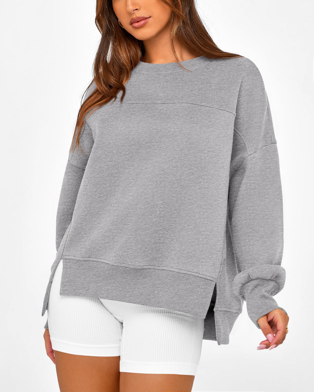 BTFBM Women's Casual Crewneck Sweatshirts Spring Long Sleeve Side Slit Workout Fleece Pullover Top Fashion Clothing