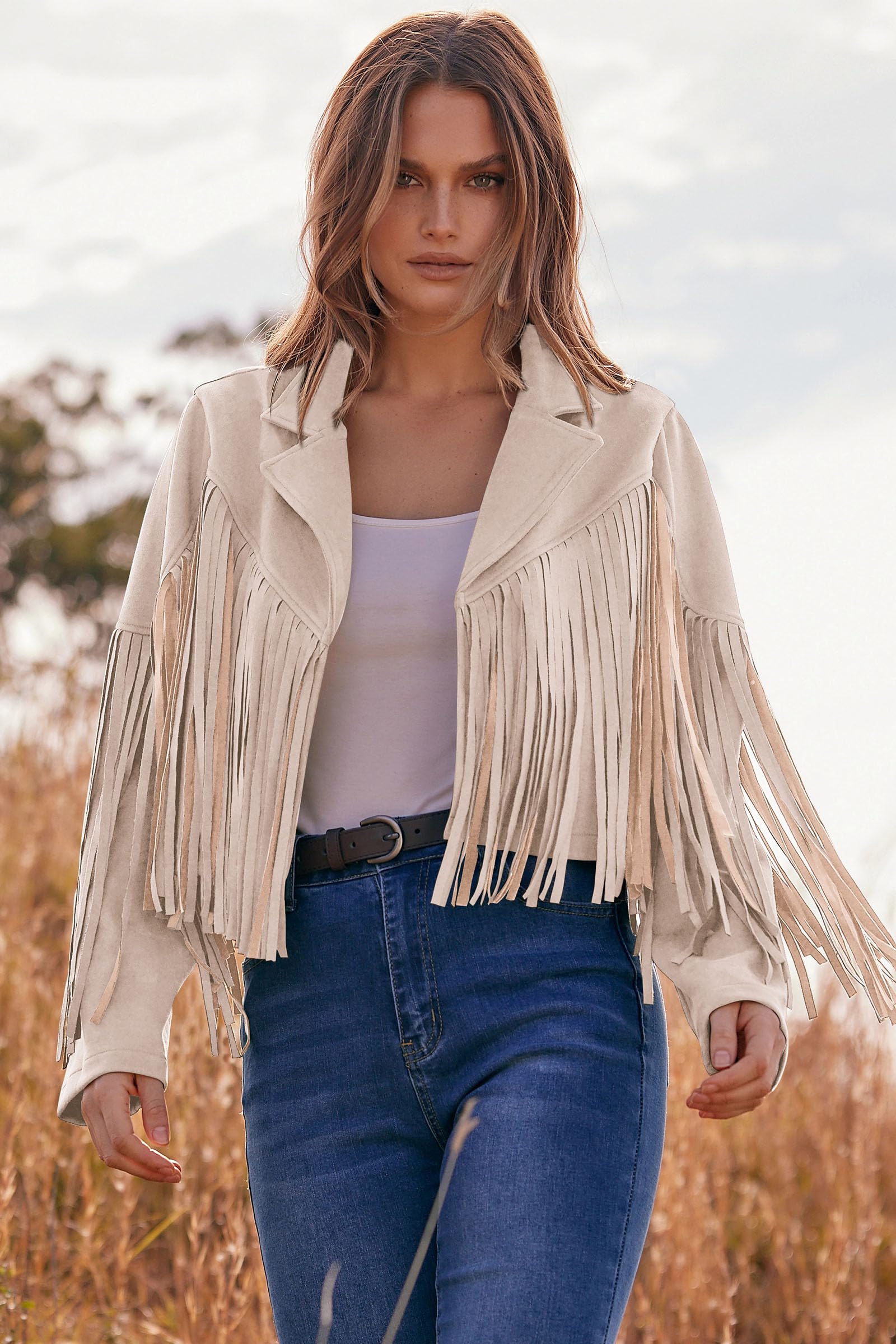 PRETTYGARDEN Women's Fringe Faux Suede Leather Jackets Fall Fashion Tassel Motorcycle Cropped Coats