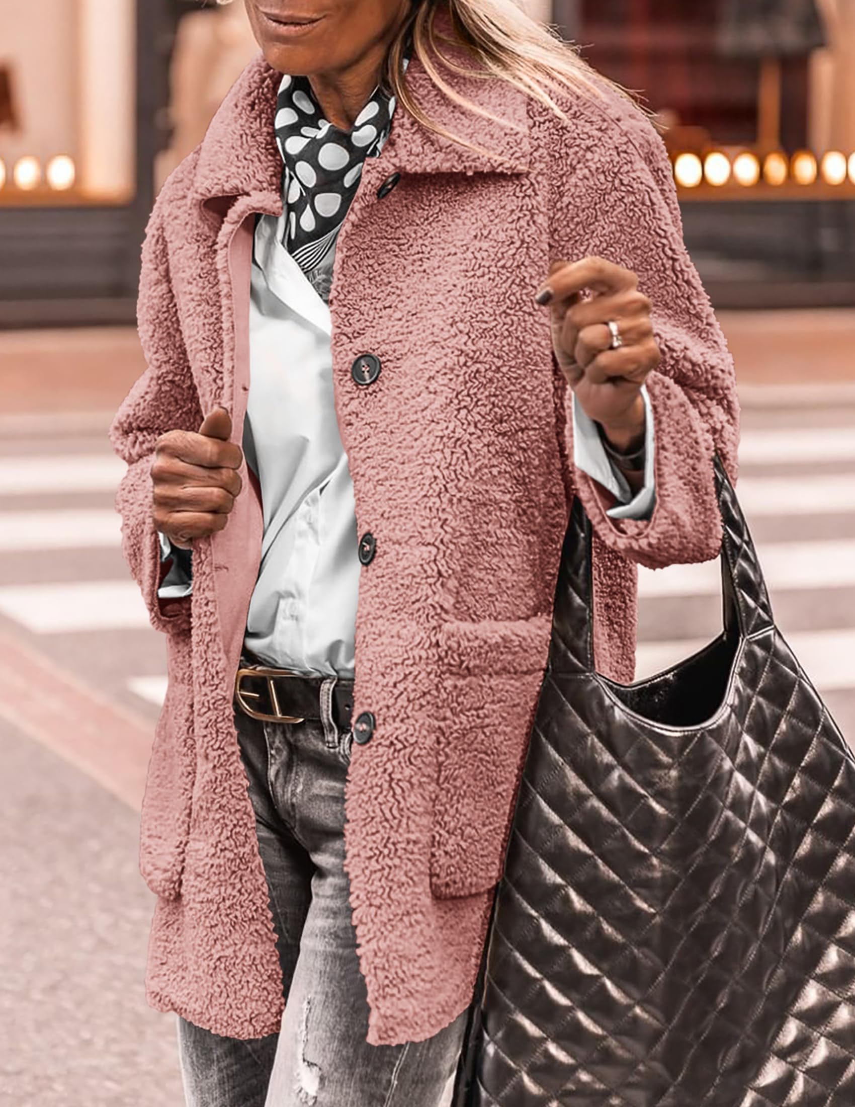 PRETTYGARDEN Women's Winter Faux Fur Coats Long Sleeve Lapel Button Down Pockets Fleece Sherpa Jacket Casual Trendy Outerwear