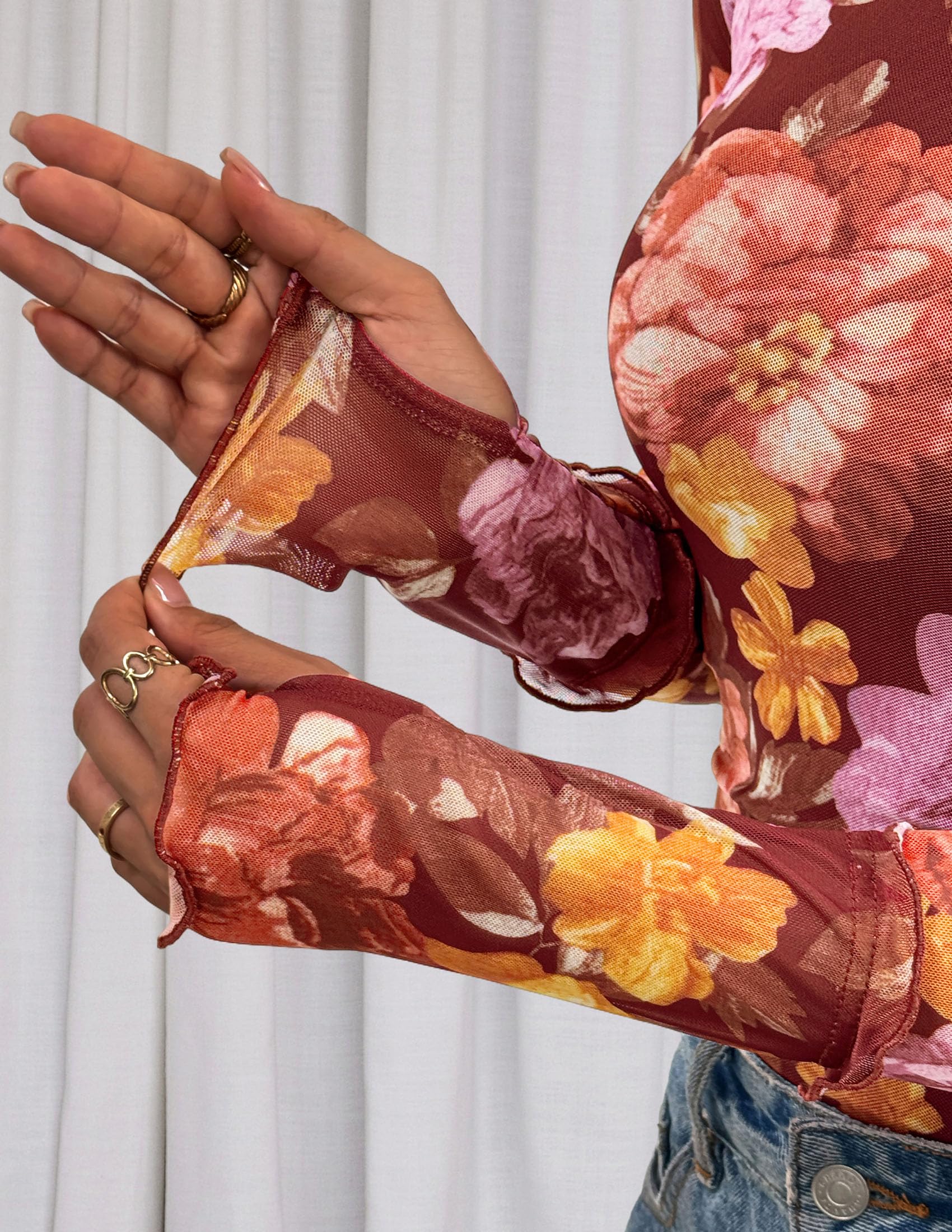 PRETTYGARDEN Womens Fall Mesh Floral Blouses Long Sleeve Going Out Tops Slim Fitted Shirts Date Night Outfits